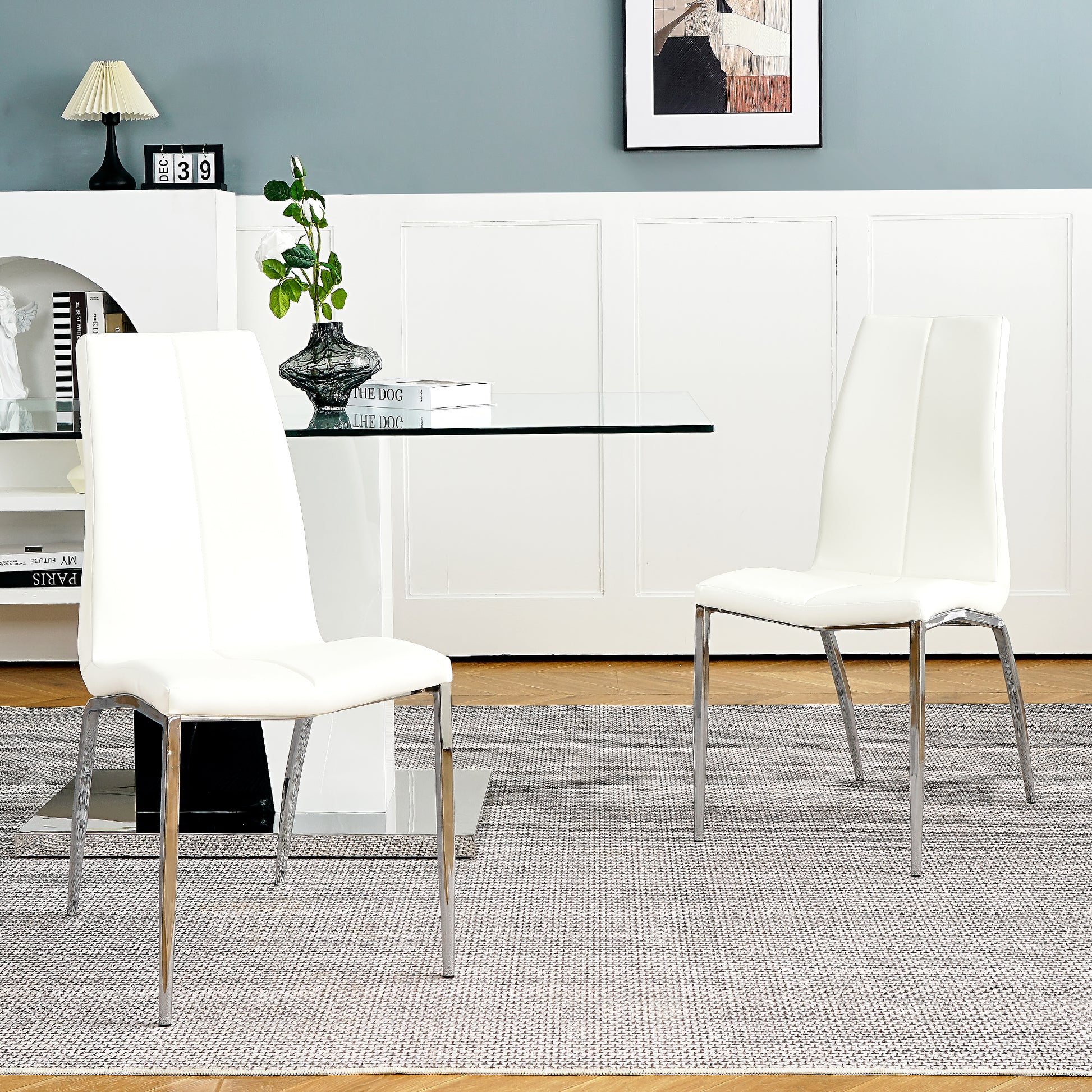 Modern Style Glass Table, Pu Fabric Chair Electroplated Chair Legs, Solid Support Base, Furniture Made Of Selected Materials To Highlight Fashion, Suitable For Living Room Use Set Of 5 White Mdf Metal