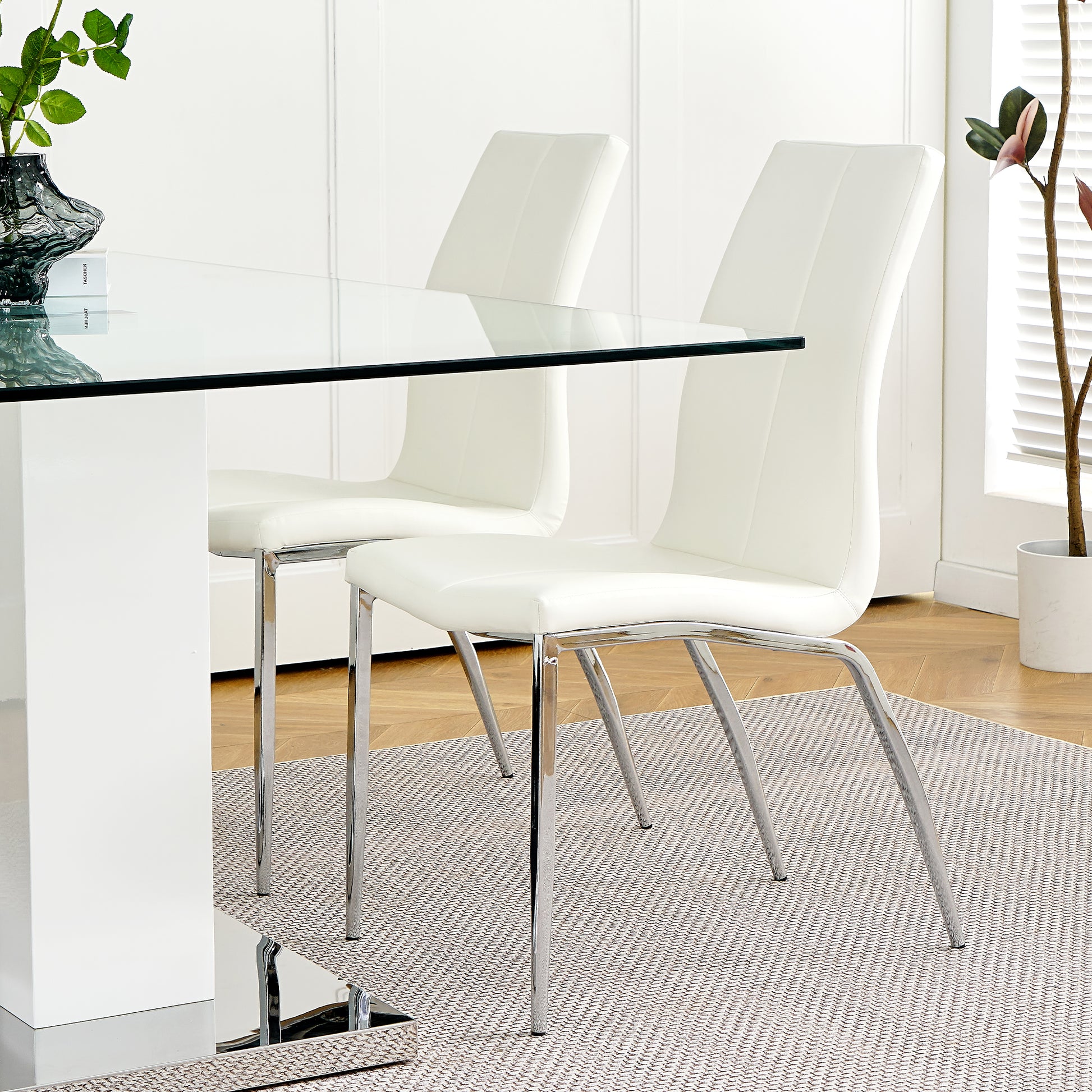 Modern Style Glass Table, Pu Fabric Chair Electroplated Chair Legs, Solid Support Base, Furniture Made Of Selected Materials To Highlight Fashion, Suitable For Living Room Use Set Of 5 White Mdf Metal