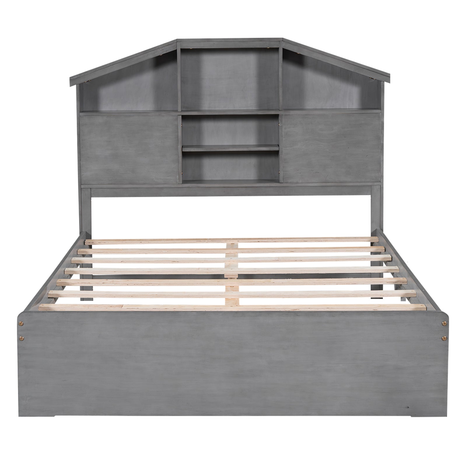 Full Size Wood Platform Bed With House Shaped Storage Headboard And 2 Drawers, Gray Box Spring Not Required Full Gray Wood Bedroom Solid Wood Mdf