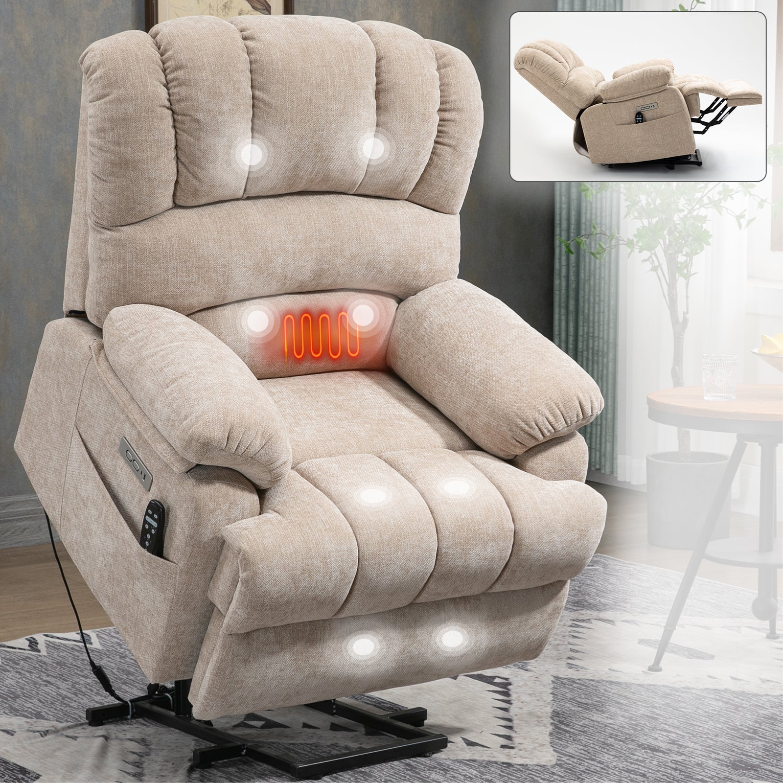 23" Seat Width And High Back Large Size Beige Chenille Power Lift Recliner Chair With 8 Point Vibration Massage And Lumbar Heating Beige Power Push Button Medium Firm Pillow Back Heavy Duty Pillow