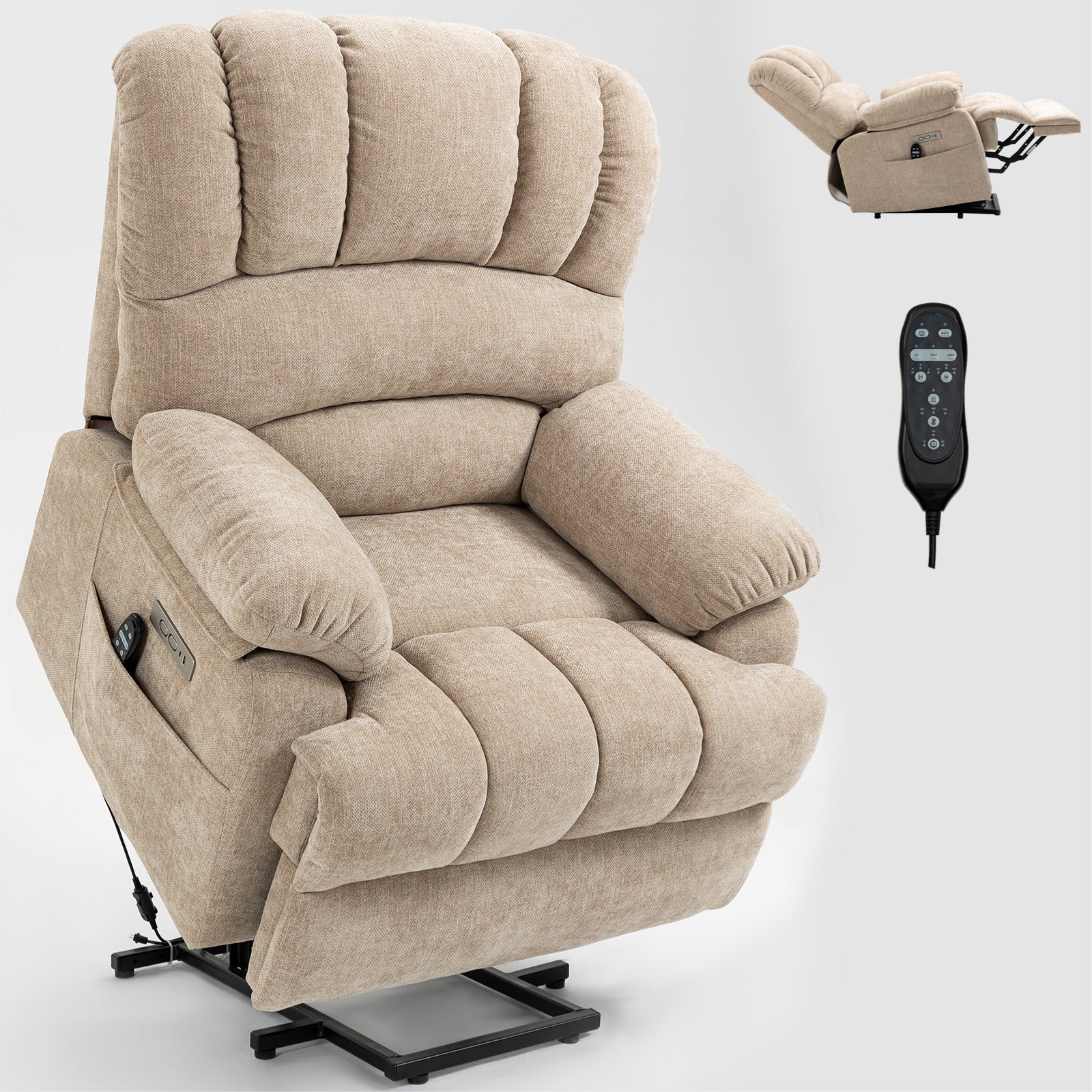 23" Seat Width And High Back Large Size Beige Chenille Power Lift Recliner Chair With 8 Point Vibration Massage And Lumbar Heating Beige Power Push Button Medium Firm Pillow Back Heavy Duty Pillow