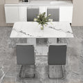 A Simple Dining Table. A Dining Table With A White Marble Pattern. 4 Pu Synthetic Leather High Backrest Cushioned Side Chairs With C Shaped Silver Metal Legs. Dt Sq 16090 Whc 1162 White Mdf