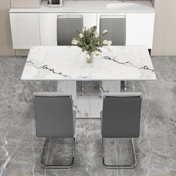 A Simple Dining Table. A Dining Table With A White Marble Pattern. 4 Pu Synthetic Leather High Backrest Cushioned Side Chairs With C Shaped Silver Metal Legs. Dt Sq 16090 Whc 1162 White Mdf