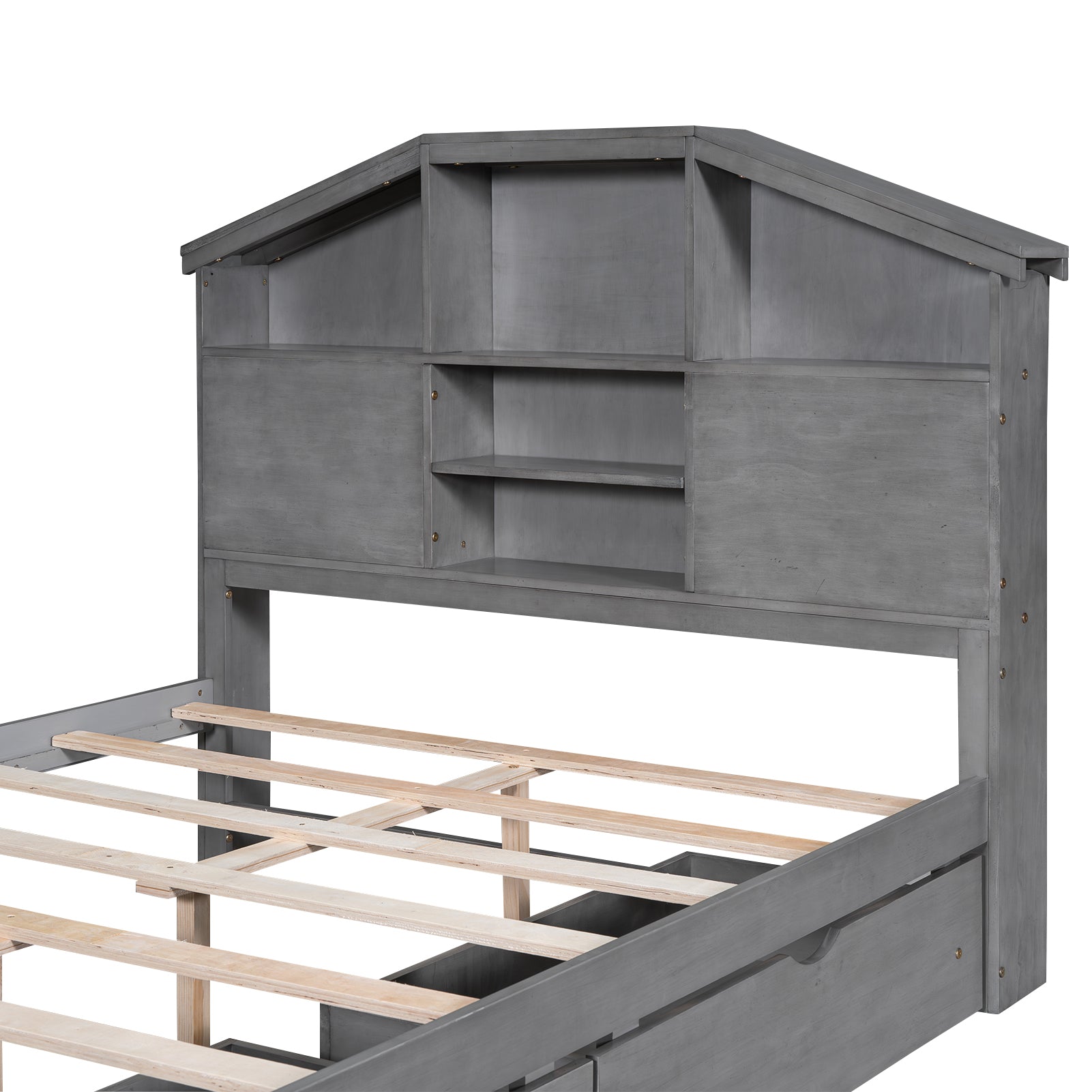 Full Size Wood Platform Bed With House Shaped Storage Headboard And 2 Drawers, Gray Box Spring Not Required Full Gray Wood Bedroom Solid Wood Mdf
