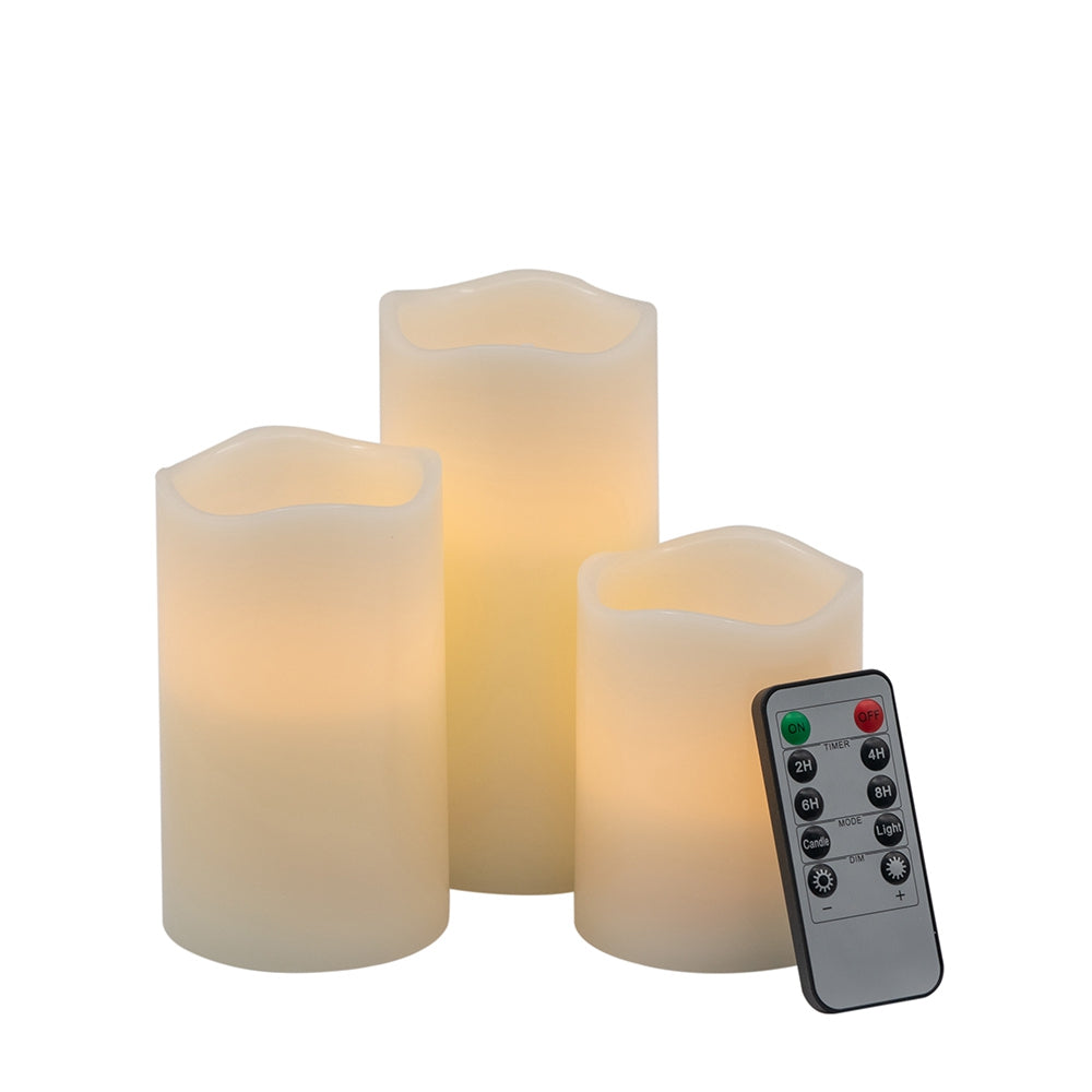 Set Of 3 Ivory Led Candles With Remote Timer, L:D3X6" M:D3X5" S:D3X4" Ivory Classic Plastic