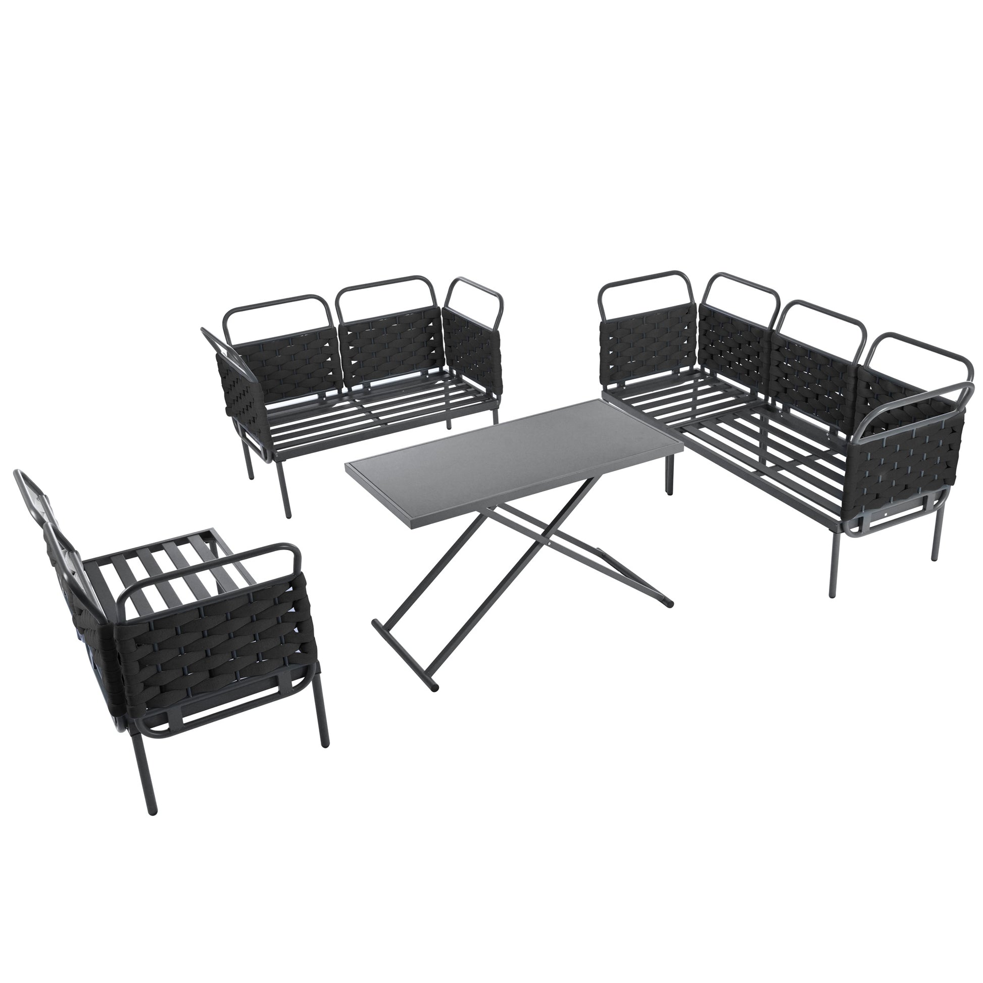 5 Piece Modern Patio Sectional Sofa Set Outdoor Woven Rope Furniture Set With Glass Table And Cushions, Black Gray Yes Sectional Grey Black Weather Resistant Frame Water Resistant Cushion Garden & Outdoor Modern Sectional Seating Groups Foam Woven Rope