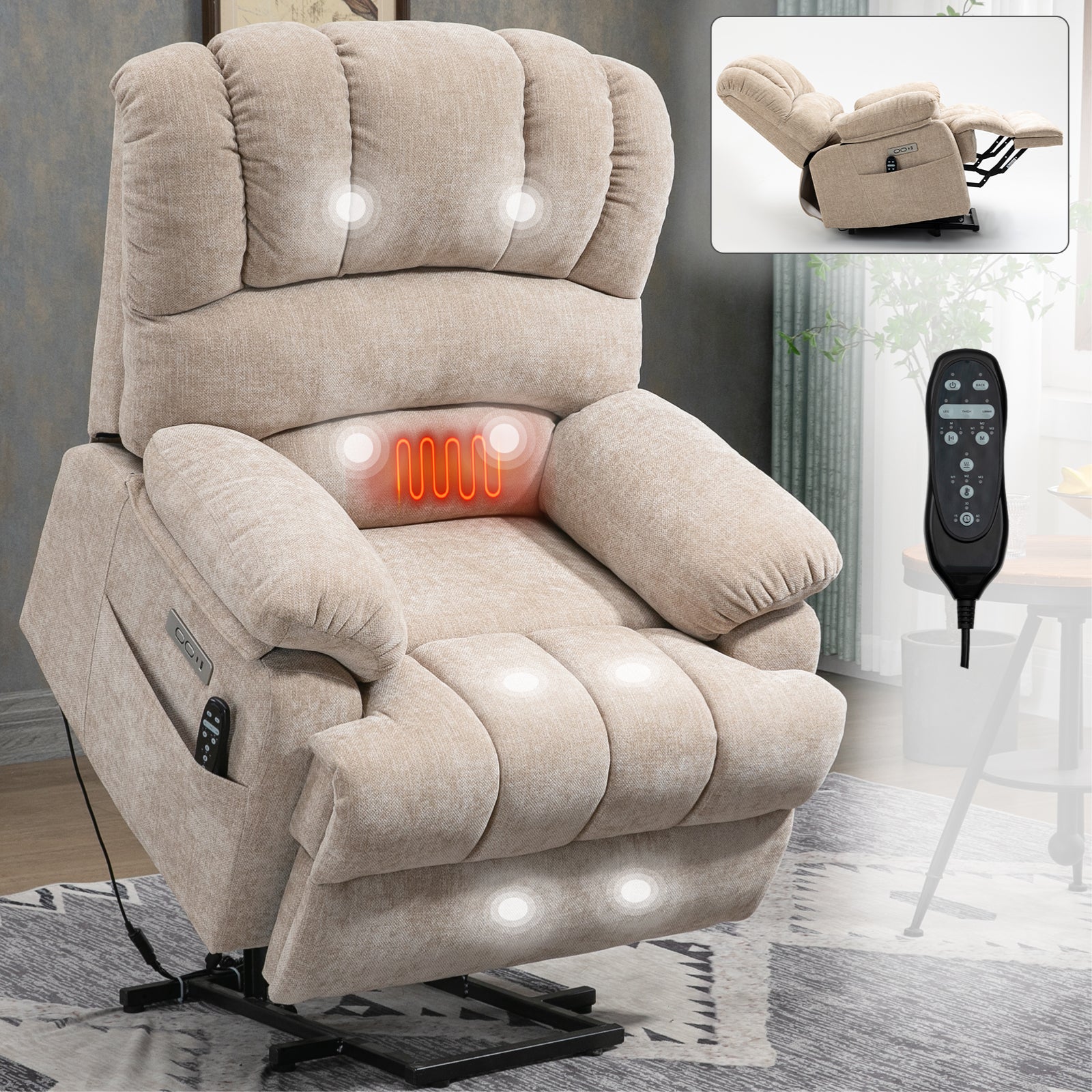 23" Seat Width And High Back Large Size Beige Chenille Power Lift Recliner Chair With 8 Point Vibration Massage And Lumbar Heating Beige Power Push Button Medium Firm Pillow Back Heavy Duty Pillow