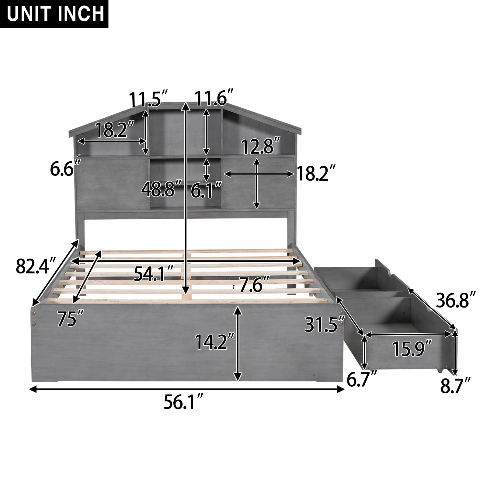 Full Size Wood Platform Bed With House Shaped Storage Headboard And 2 Drawers, Gray Box Spring Not Required Full Gray Wood Bedroom Solid Wood Mdf