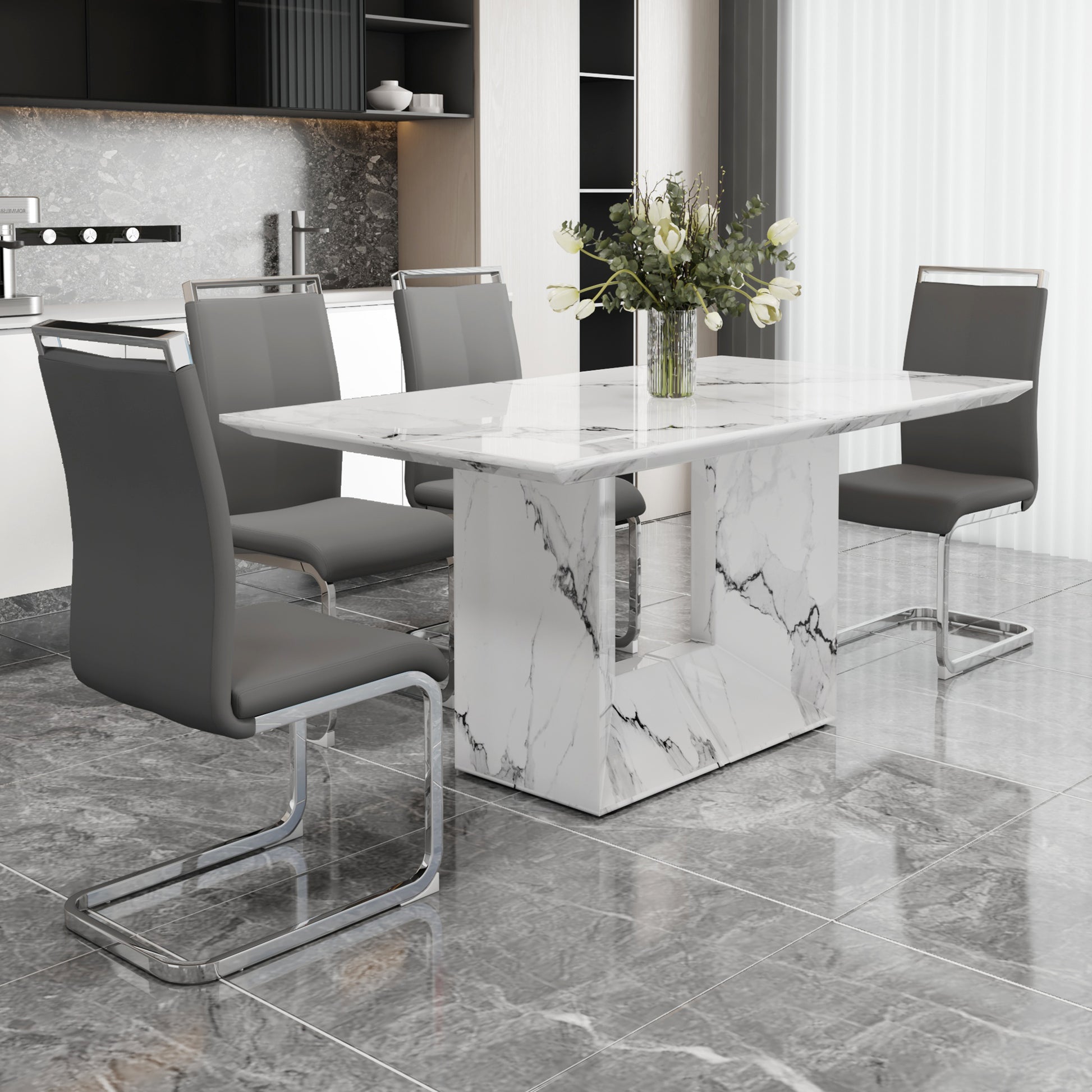 A Simple Dining Table. A Dining Table With A White Marble Pattern. 4 Pu Synthetic Leather High Backrest Cushioned Side Chairs With C Shaped Silver Metal Legs. Dt Sq 16090 Whc 1162 White Mdf