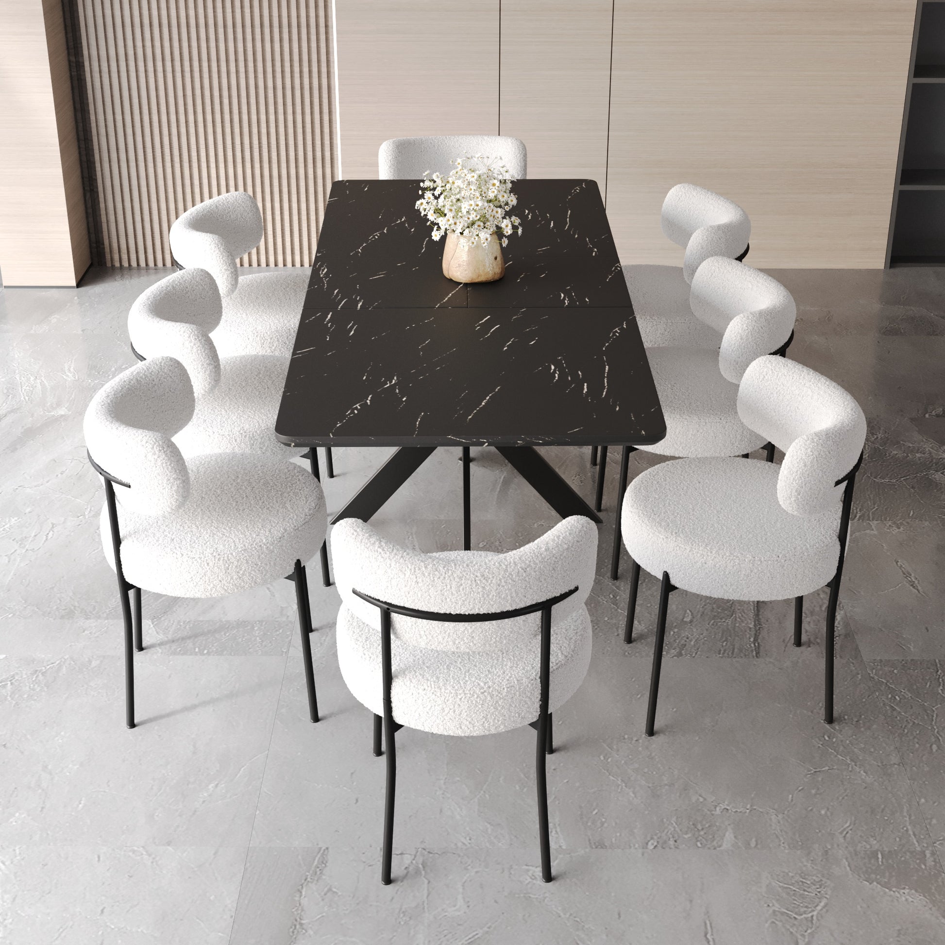 Scalable Dining Table Table Set For 4 8 Person For Dining Room,Curved Backrest Round Upholstered Soft Padded Armless Dining Chairs And Very Large Dining Room Table Kitchen Table Chair Set Black White Mdf Metal