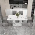 A Simple Dining Table. A Dining Table With A White Marble Pattern. 4 Pu Synthetic Leather High Backrest Cushioned Side Chairs With C Shaped Silver Metal Legs. Dt Sq 16090 Whc 1162 White Mdf