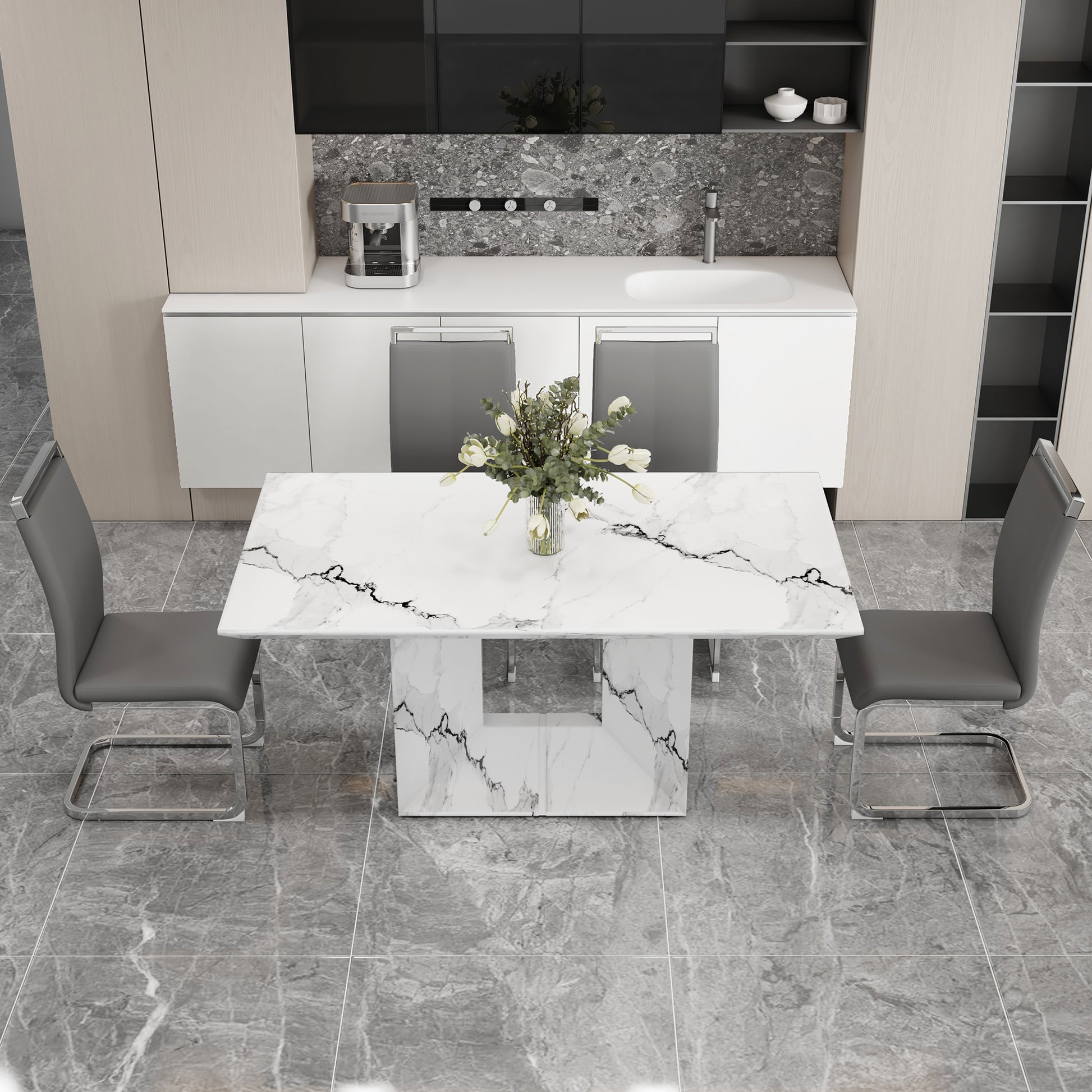 A Simple Dining Table. A Dining Table With A White Marble Pattern. 4 Pu Synthetic Leather High Backrest Cushioned Side Chairs With C Shaped Silver Metal Legs. Dt Sq 16090 Whc 1162 White Mdf