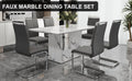 A Simple Dining Table. A Dining Table With A White Marble Pattern. 4 Pu Synthetic Leather High Backrest Cushioned Side Chairs With C Shaped Silver Metal Legs. Dt Sq 16090 Whc 1162 White Mdf