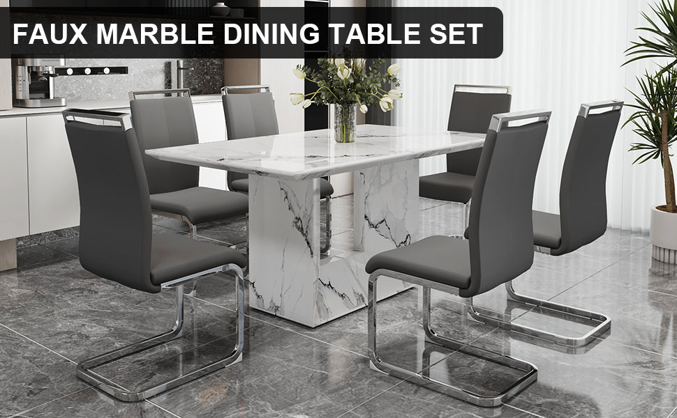 A Simple Dining Table. A Dining Table With A White Marble Pattern. 4 Pu Synthetic Leather High Backrest Cushioned Side Chairs With C Shaped Silver Metal Legs. Dt Sq 16090 Whc 1162 White Mdf