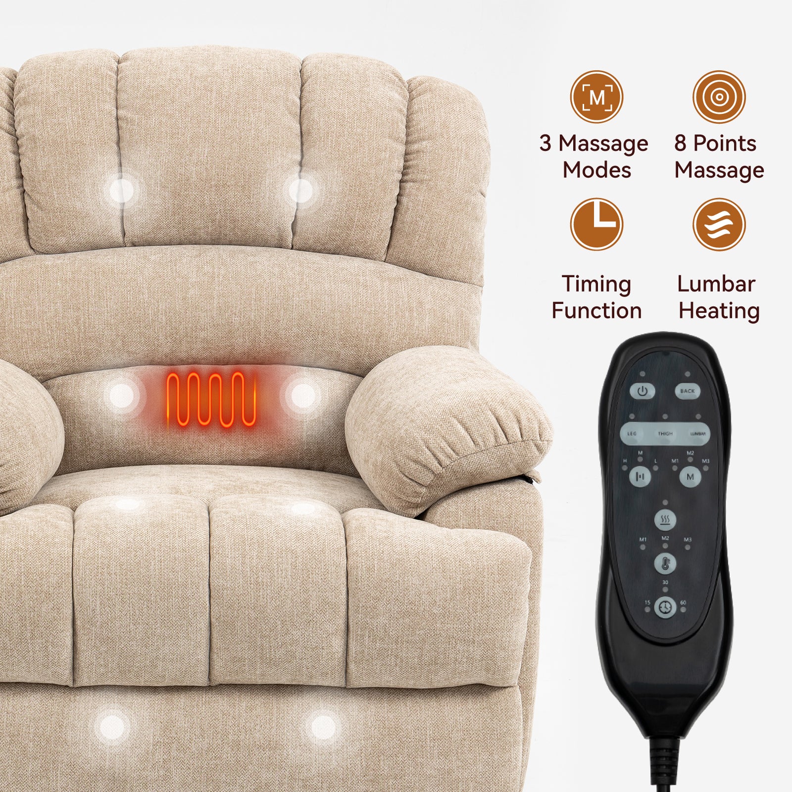 23" Seat Width And High Back Large Size Beige Chenille Power Lift Recliner Chair With 8 Point Vibration Massage And Lumbar Heating Beige Power Push Button Medium Firm Pillow Back Heavy Duty Pillow