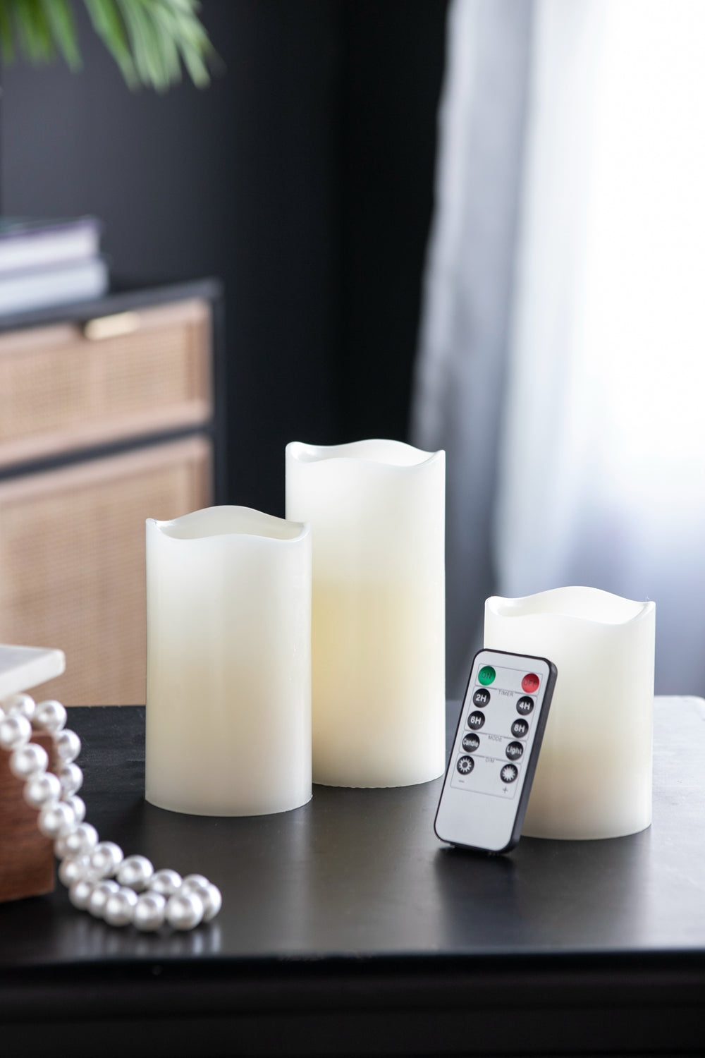 Set Of 3 Ivory Led Candles With Remote Timer, L:D3X6" M:D3X5" S:D3X4" Ivory Classic Plastic
