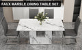 A Simple Dining Table. A Dining Table With A White Marble Pattern. 4 Pu Synthetic Leather High Backrest Cushioned Side Chairs With C Shaped Silver Metal Legs. Dt Sq 16090 Whc 1162 White Mdf