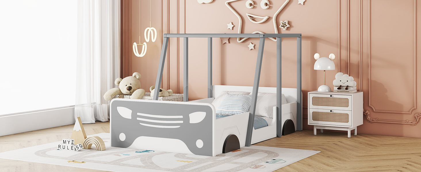Twin Size Car Shaped Bed With Roof,Wooden Twin Floor Bed With Wheels And Door Design,Montessori Inspired Bedroom,Grey Twin Grey American Design Pine