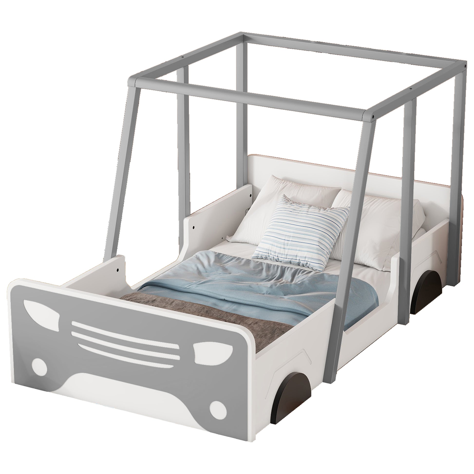 Twin Size Car Shaped Bed With Roof,Wooden Twin Floor Bed With Wheels And Door Design,Montessori Inspired Bedroom,Grey Twin Grey American Design Pine