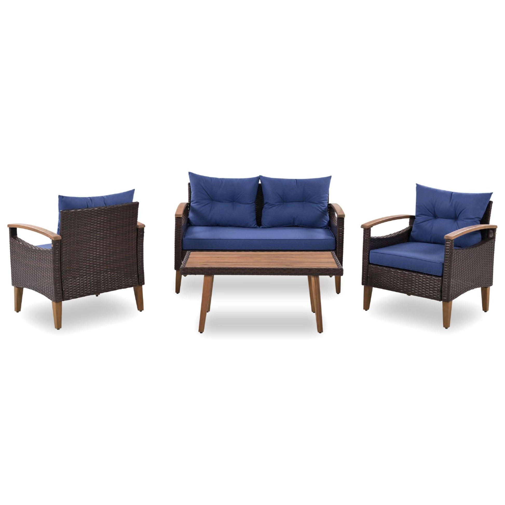 4 Piece Garden Furniture, Patio Seating Set, Pe Rattan Outdoor Sofa Set, Wood Table And Legs, Brown And Blue Yes Blue Shredded Polyurethane Foam Polyester,Wicker