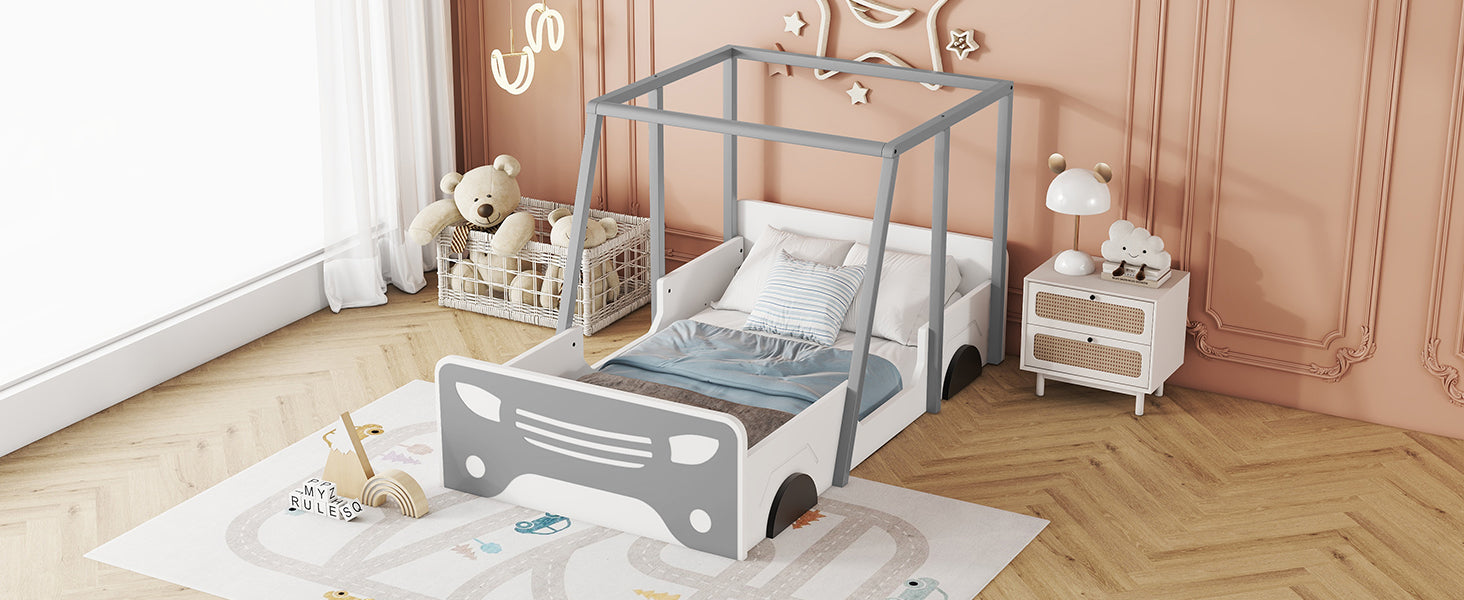 Twin Size Car Shaped Bed With Roof,Wooden Twin Floor Bed With Wheels And Door Design,Montessori Inspired Bedroom,Grey Twin Grey American Design Pine
