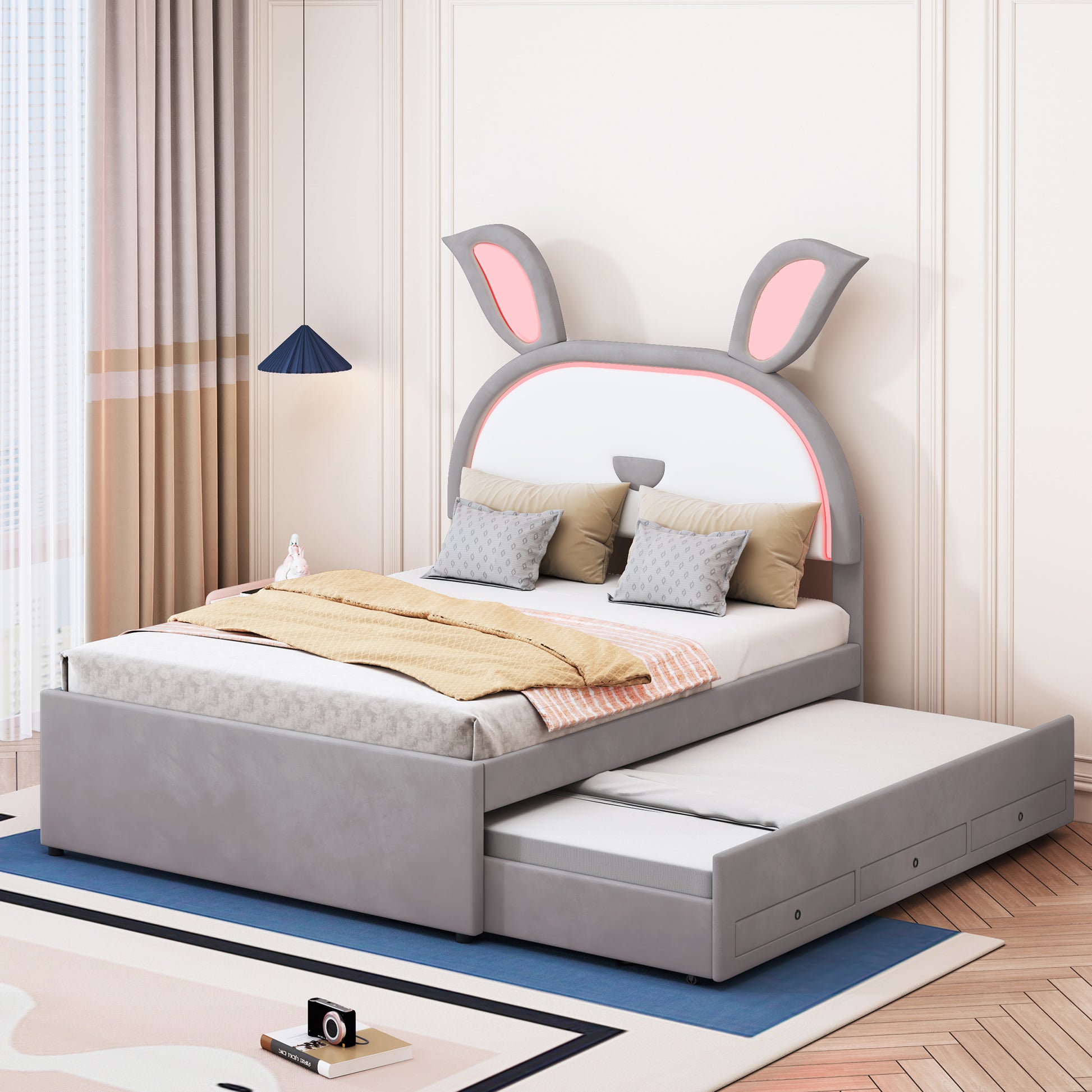 Full Size Upholstered Platform Bed With Trundle And 3 Drawers, Rabbit Shaped Headboard With Embedded Led Lights, Gray Gray Velvet