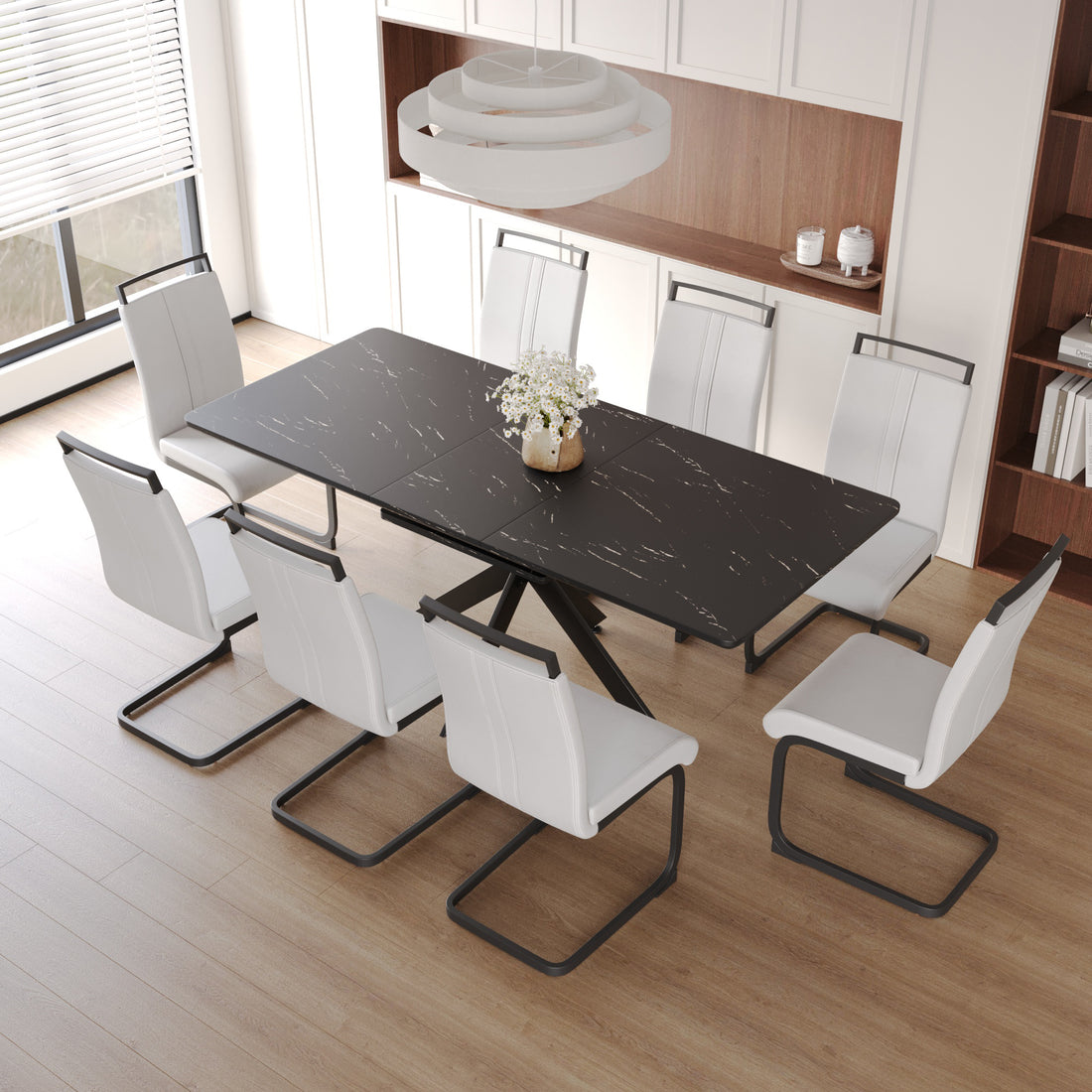 Extendable Dining Table Table Set For 6 8 Person For Dining Room,C Shaped Tube Soft Padded Armless Dining Chairs And Very Large Dining Room Table Kitchen Table Chair Set With Metal Legs Black White Mdf Metal