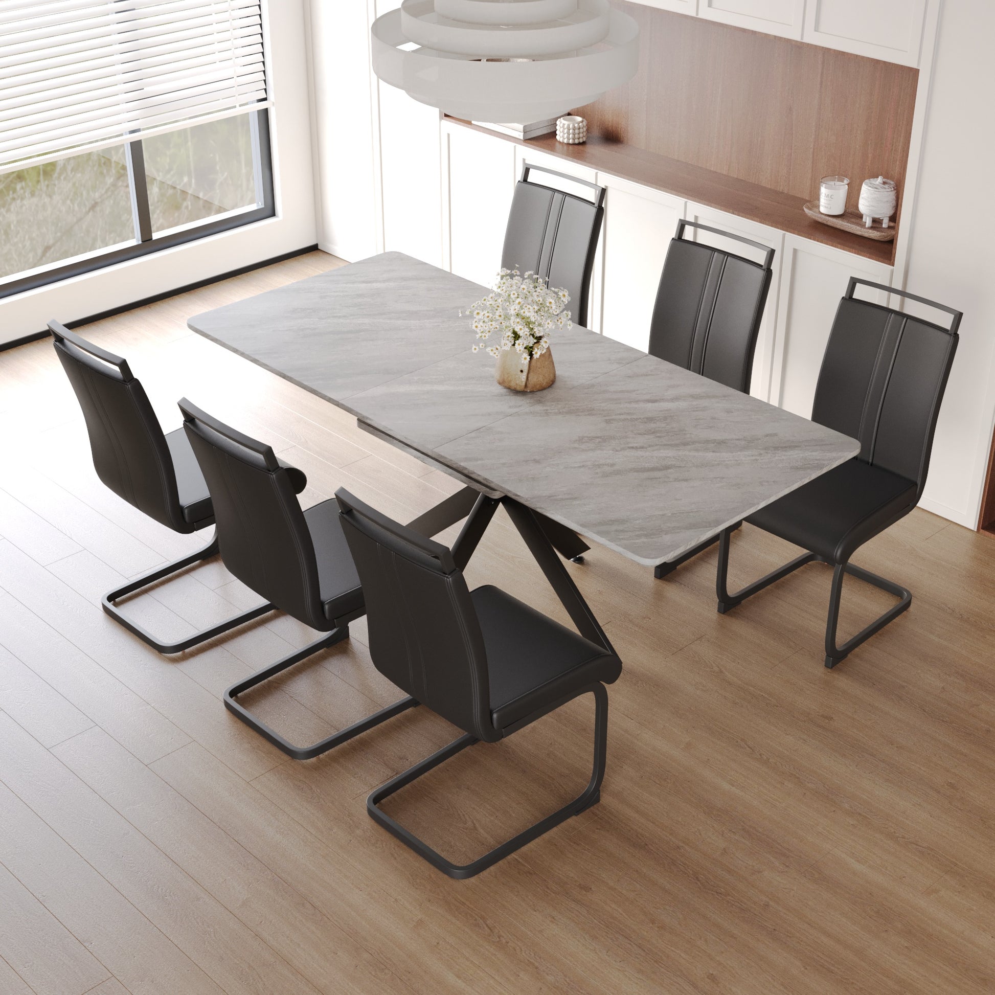Scalable Dining Table Table Set For 6 8 Person For Dining Room,C Shaped Tube Soft Padded Armless Dining Chairs And Very Large Dining Room Table Kitchen Table Chair Set With Metal Legs Black Gray Mdf Metal