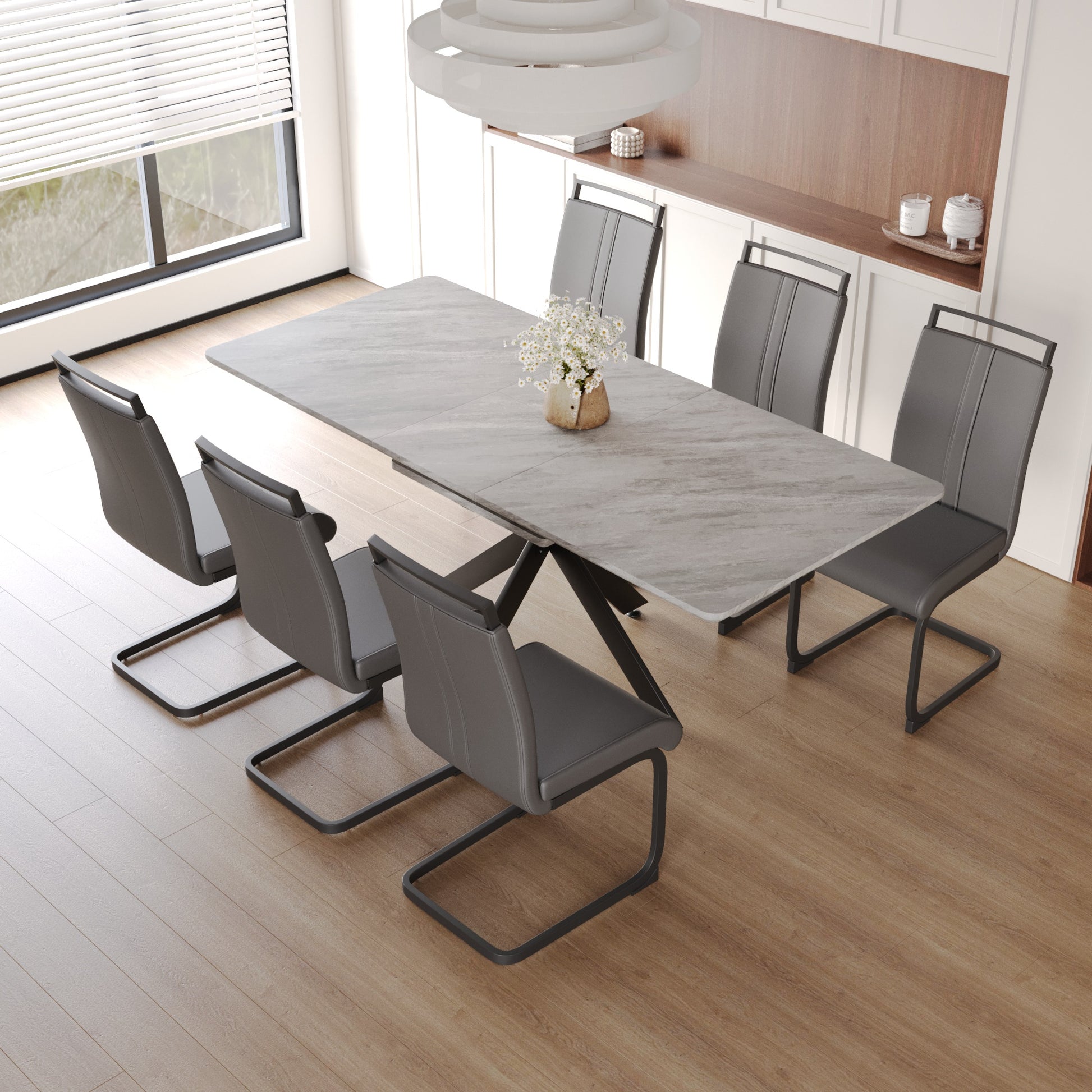 Scalable Dining Table Table Set For 6 8 Person For Dining Room,C Shaped Tube Soft Padded Armless Dining Chairs And Very Large Dining Room Table Kitchen Table Chair Set With Metal Legs Grey Mdf Metal