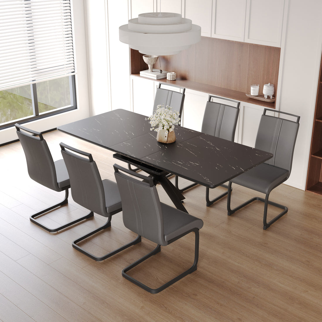 Extendable Dining Table Table Set For 6 8 Person For Dining Room,C Shaped Tube Soft Padded Armless Dining Chairs And Very Large Dining Room Table Kitchen Table Chair Set With Metal Legs Black Gray Mdf Metal