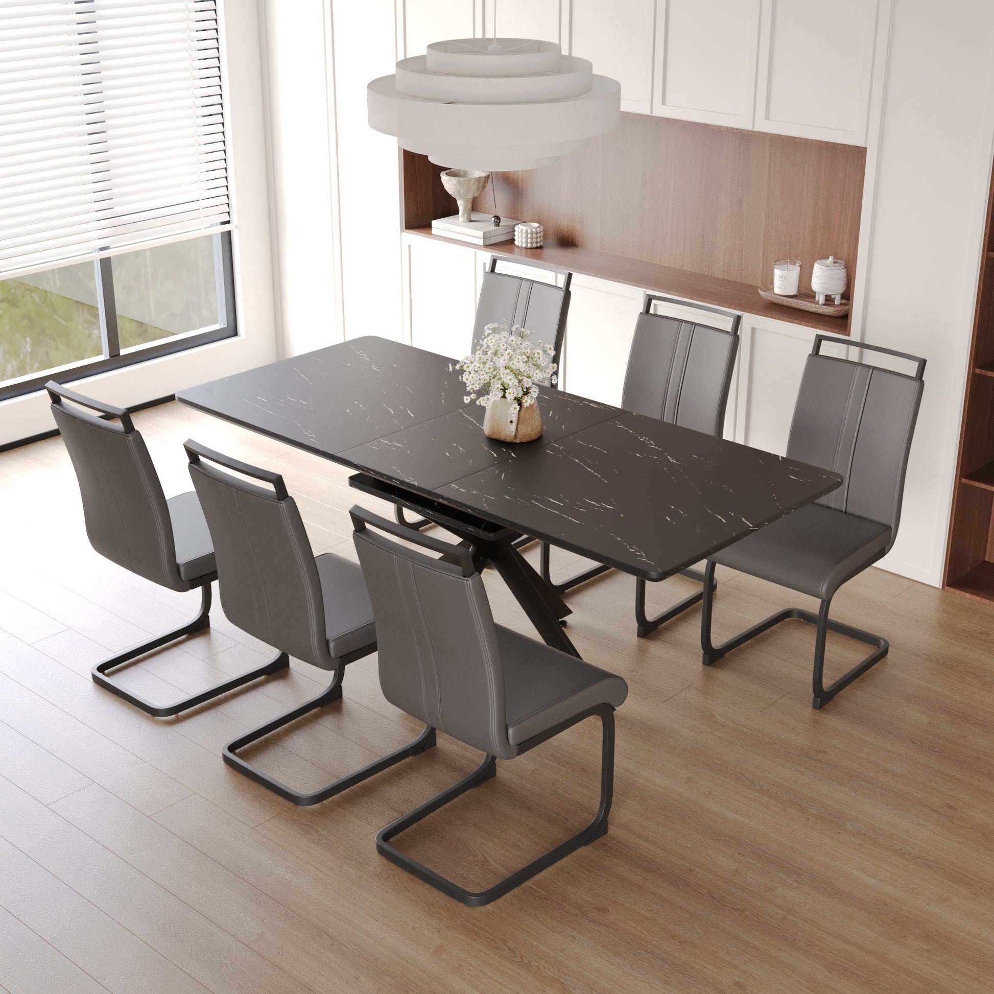 Extendable Dining Table Table Set For 6 8 Person For Dining Room,C Shaped Tube Soft Padded Armless Dining Chairs And Very Large Dining Room Table Kitchen Table Chair Set With Metal Legs Black Gray Mdf Metal