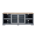 Modern Farmhouse Tv Media Stand, Large Home Entertainment Console, For Tv Up To 80'', With Open Shelves And Glass Door Cabinets, Light Blue And Light Oak, 70