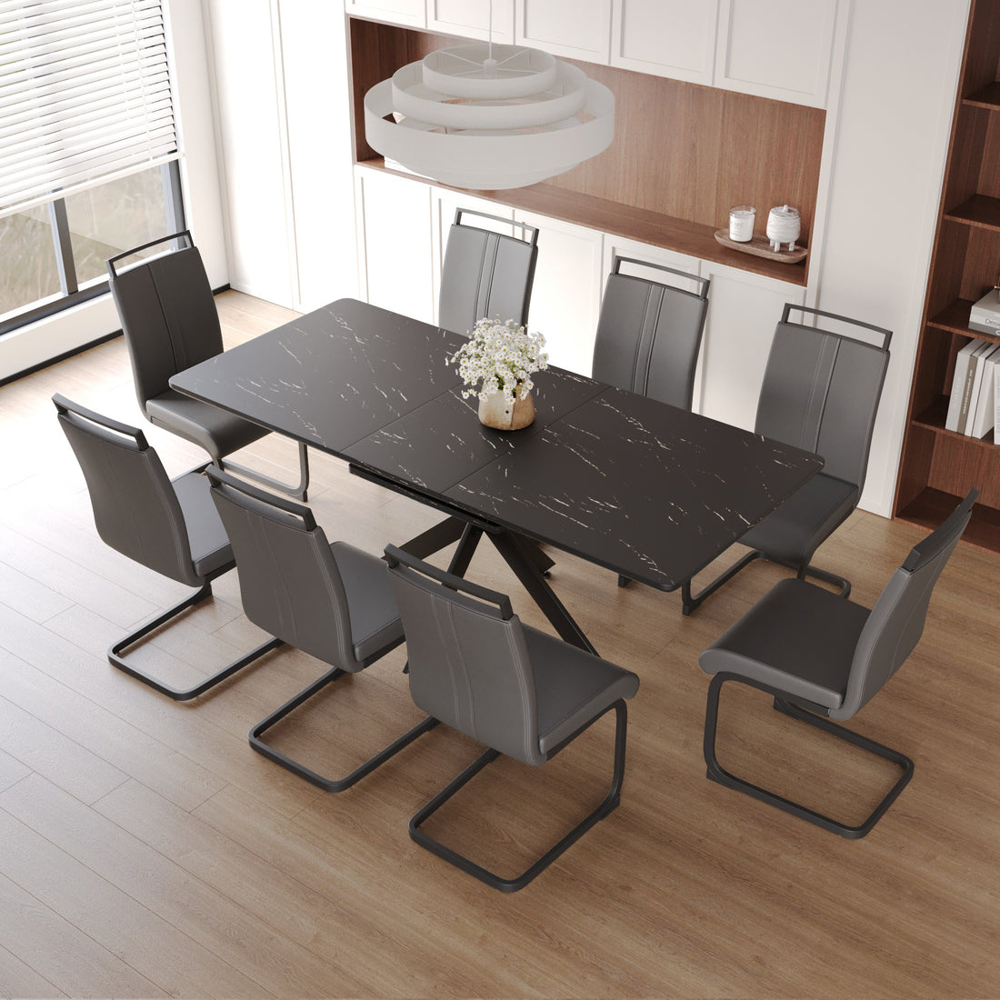 Extendable Dining Table Table Set For 6 8 Person For Dining Room,C Shaped Tube Soft Padded Armless Dining Chairs And Very Large Dining Room Table Kitchen Table Chair Set With Metal Legs Black Gray Mdf Metal