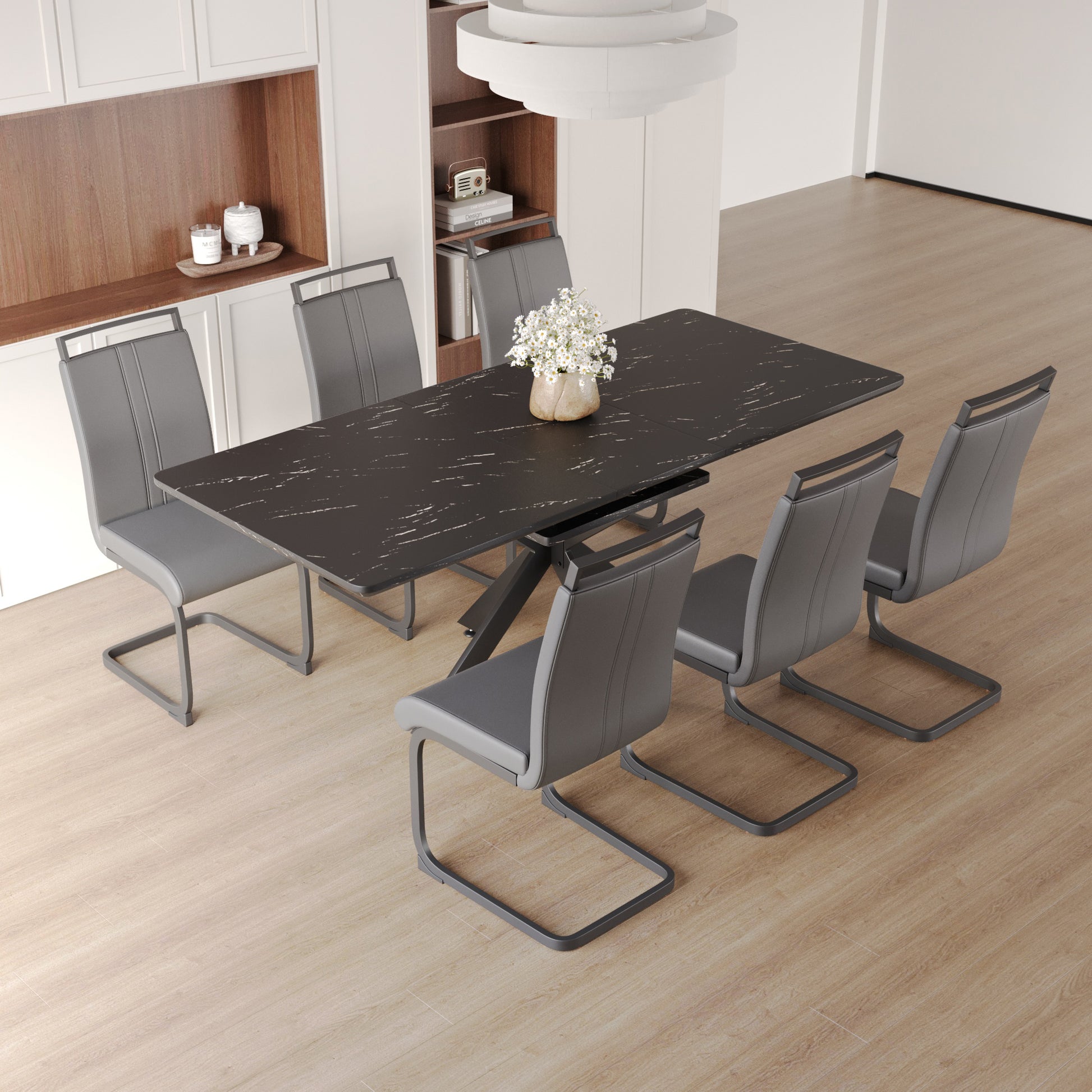 Extendable Dining Table Table Set For 6 8 Person For Dining Room,C Shaped Tube Soft Padded Armless Dining Chairs And Very Large Dining Room Table Kitchen Table Chair Set With Metal Legs Black Gray Mdf Metal