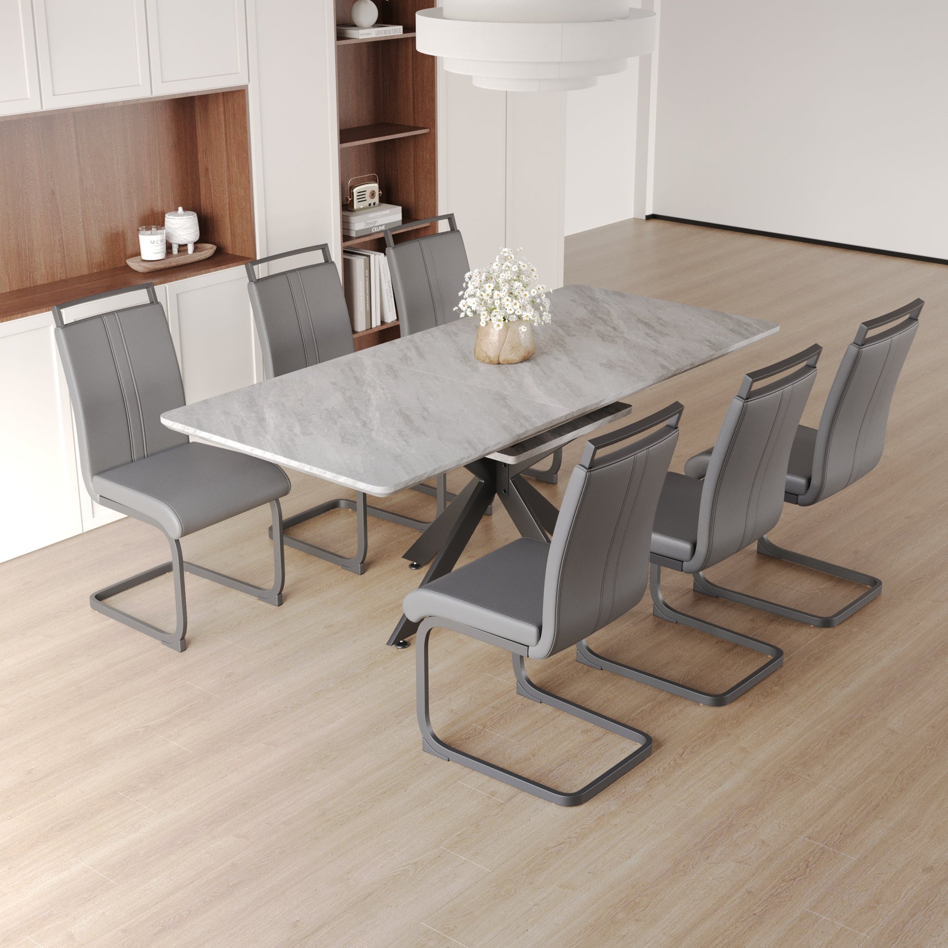 Scalable Dining Table Table Set For 6 8 Person For Dining Room,C Shaped Tube Soft Padded Armless Dining Chairs And Very Large Dining Room Table Kitchen Table Chair Set With Metal Legs Grey Mdf Metal