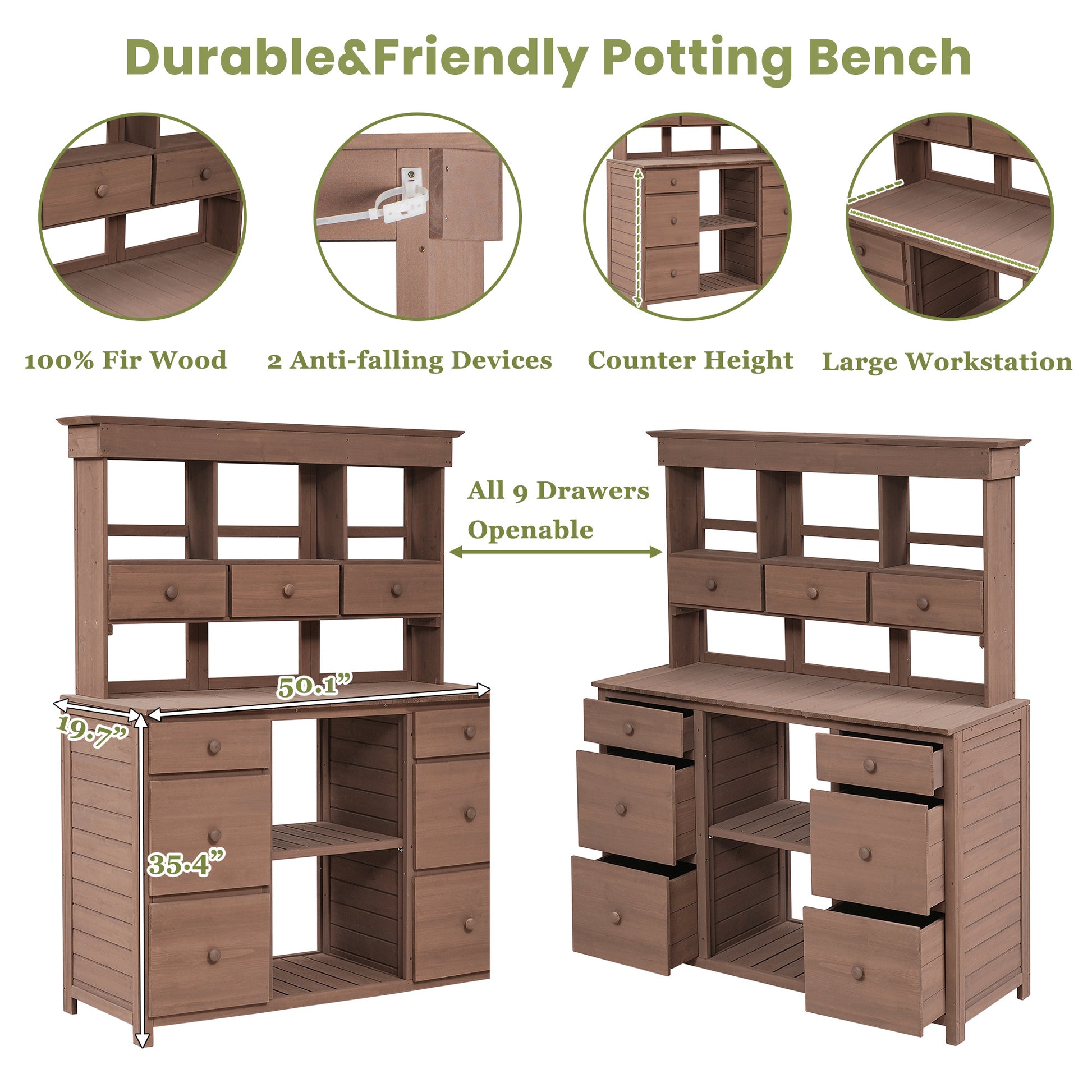 Garden Potting Bench Table, Rustic And Sleek Design With Multiple Drawers And Shelves For Storage, Brown Brown Garden & Outdoor Rustic Wood