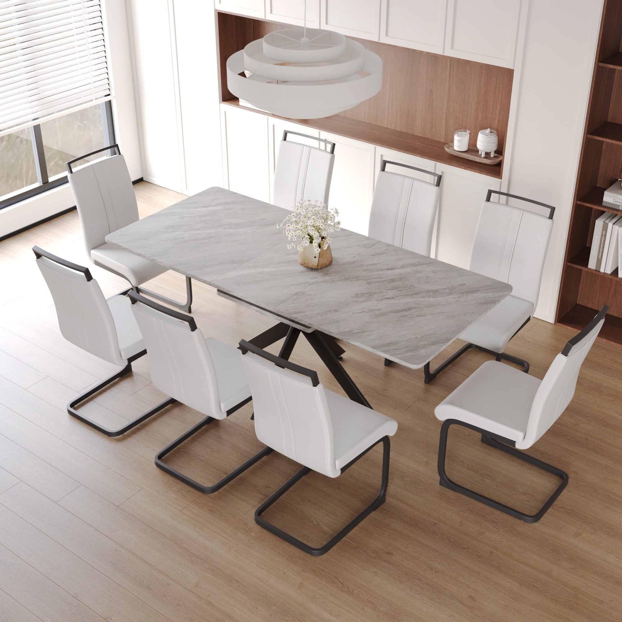 Scalable Dining Table Table Set For 6 8 Person For Dining Room,C Shaped Tube Soft Padded Armless Dining Chairs And Very Large Dining Room Table Kitchen Table Chair Set With Metal Legs Grey White Mdf Metal