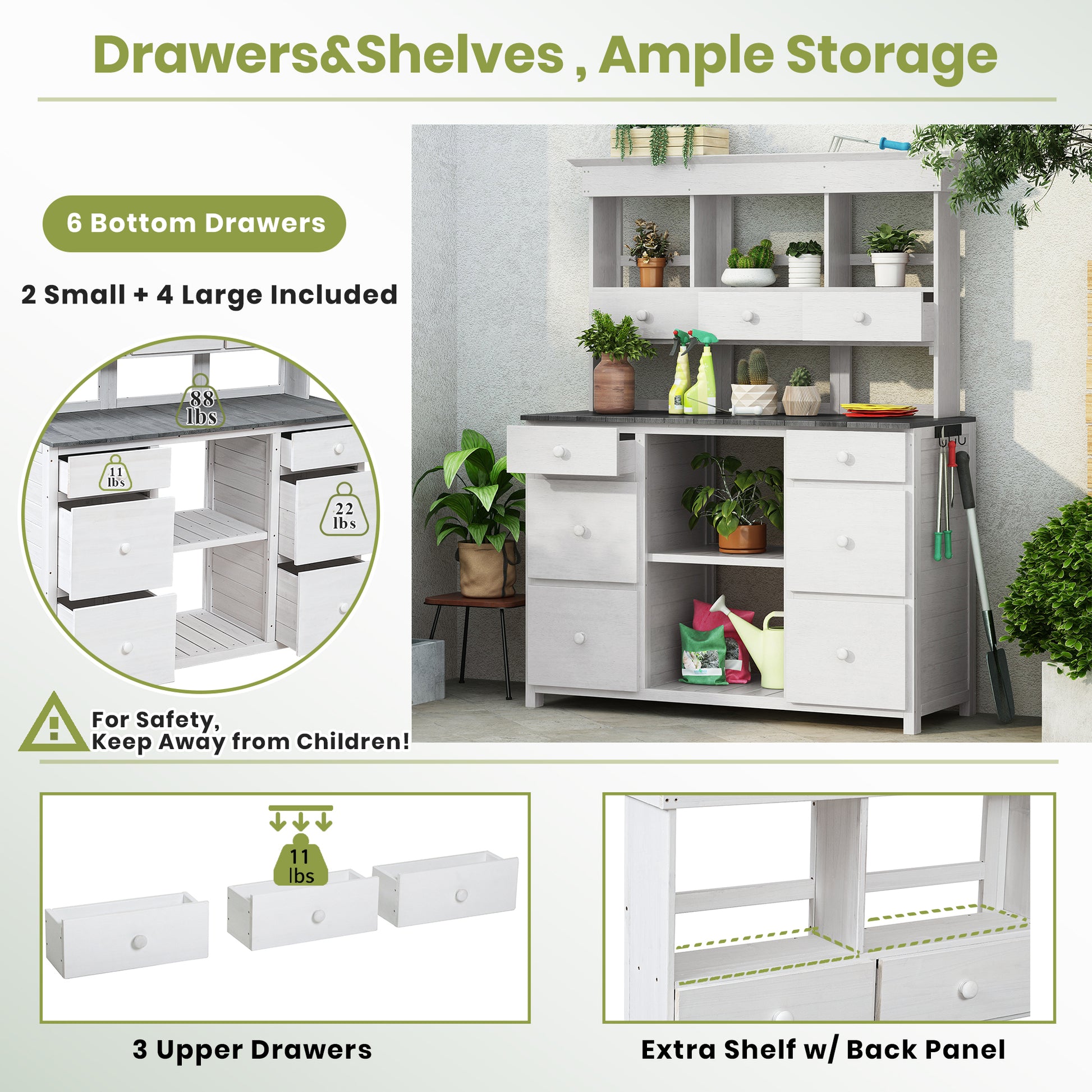 Garden Potting Bench Table, Rustic And Sleek Design With Multiple Drawers And Shelves For Storage, White And Gray White Gray Garden & Outdoor Rustic Wood