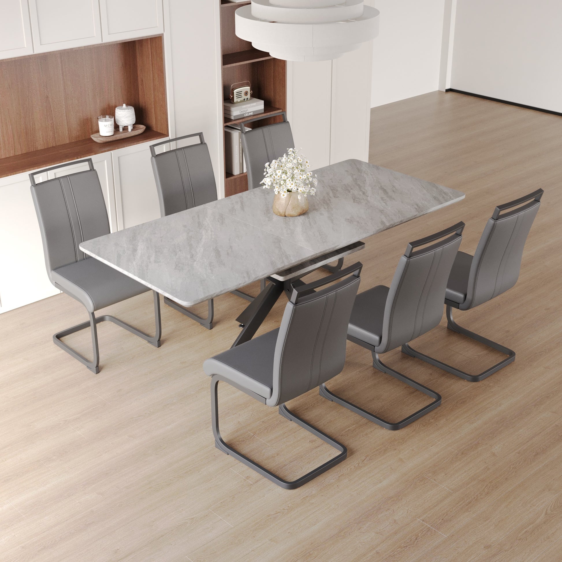 Scalable Dining Table Table Set For 6 8 Person For Dining Room,C Shaped Tube Soft Padded Armless Dining Chairs And Very Large Dining Room Table Kitchen Table Chair Set With Metal Legs Grey Mdf Metal