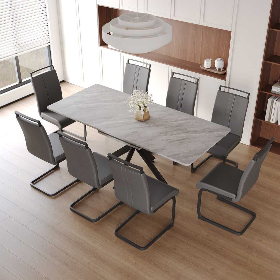 Scalable Dining Table Table Set For 6 8 Person For Dining Room,C Shaped Tube Soft Padded Armless Dining Chairs And Very Large Dining Room Table Kitchen Table Chair Set With Metal Legs Grey Mdf Metal