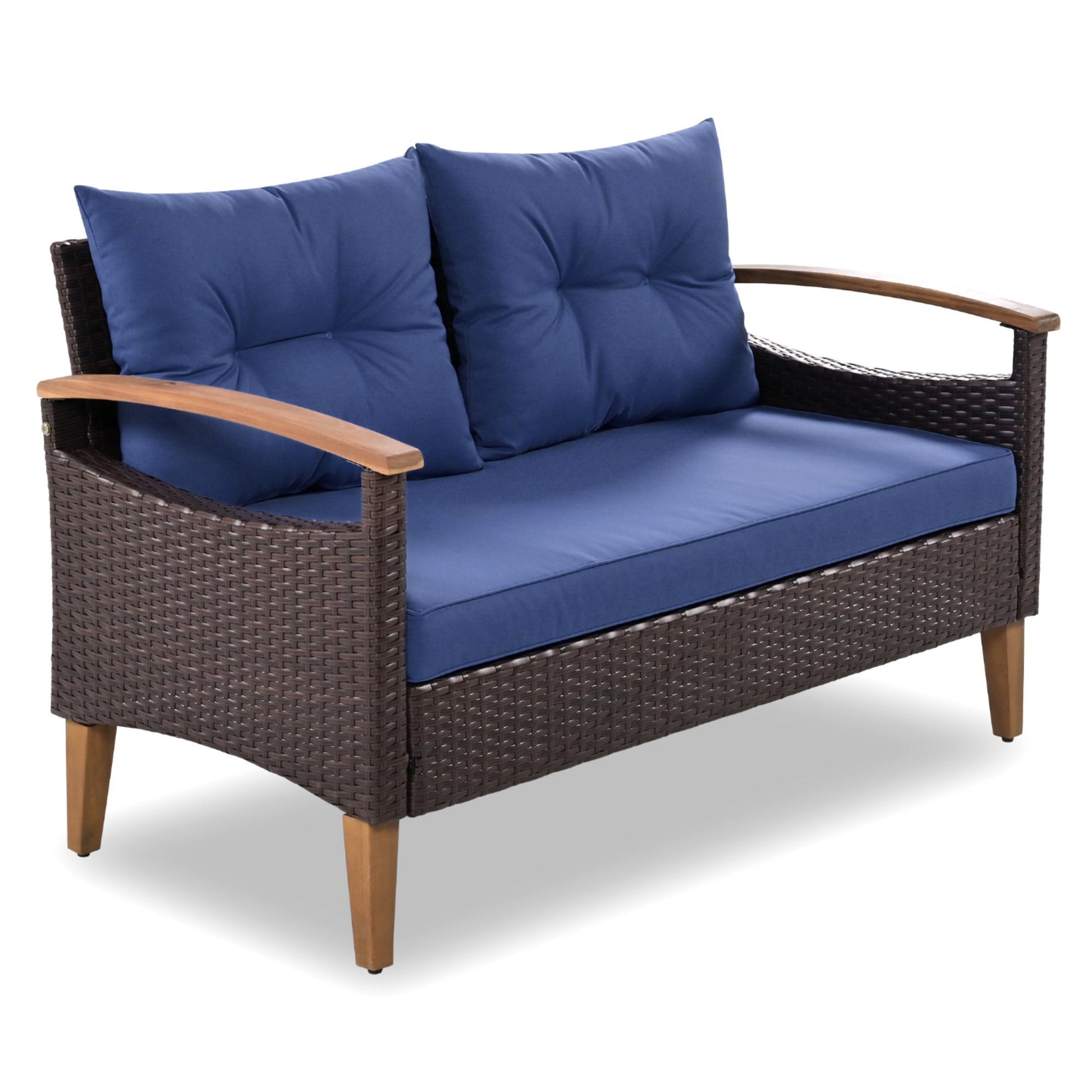 4 Piece Garden Furniture, Patio Seating Set, Pe Rattan Outdoor Sofa Set, Wood Table And Legs, Brown And Blue Yes Blue Shredded Polyurethane Foam Polyester,Wicker