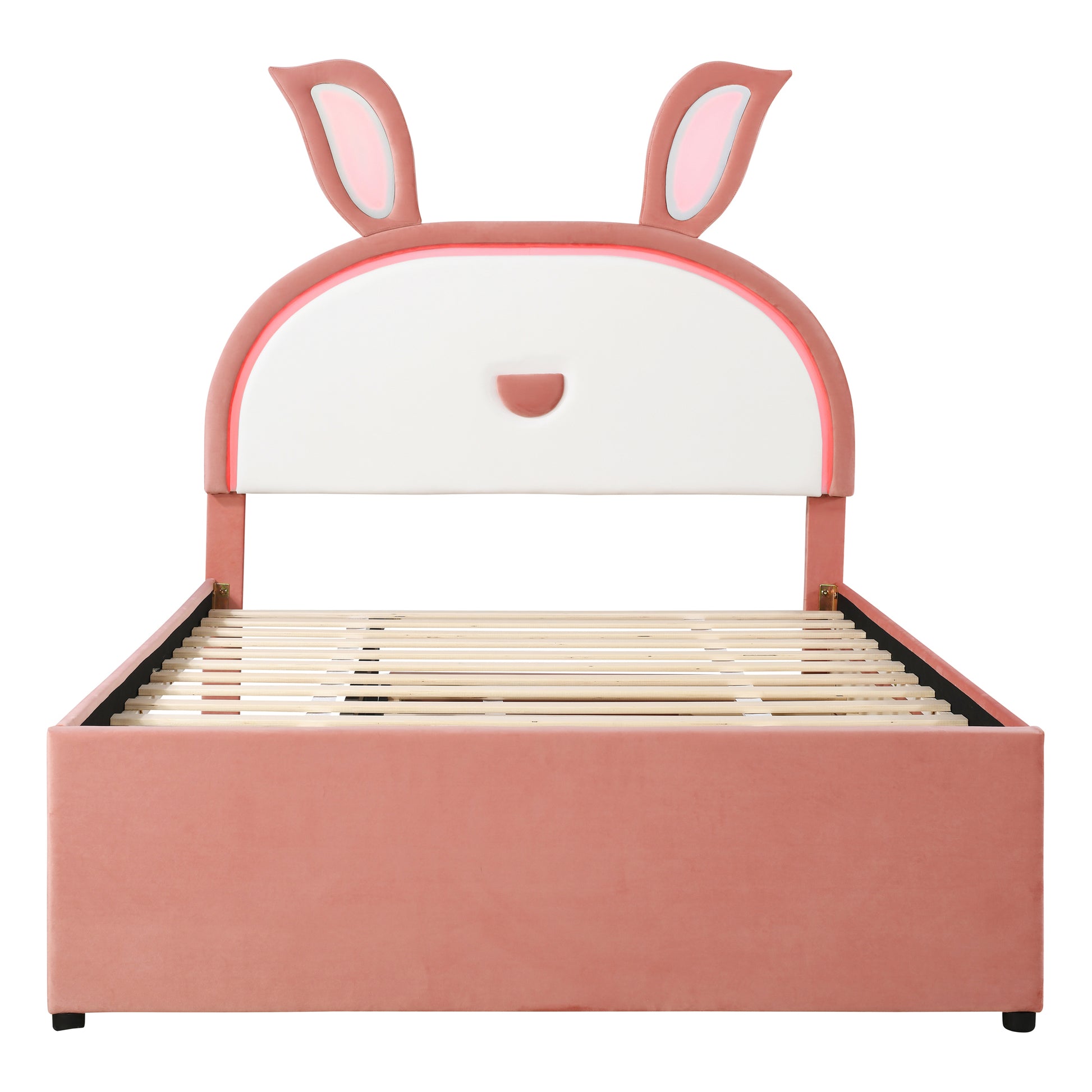 Full Size Upholstered Platform Bed With Trundle And 3 Drawers, Rabbit Shaped Headboard With Embedded Led Lights, Pink Pink Velvet