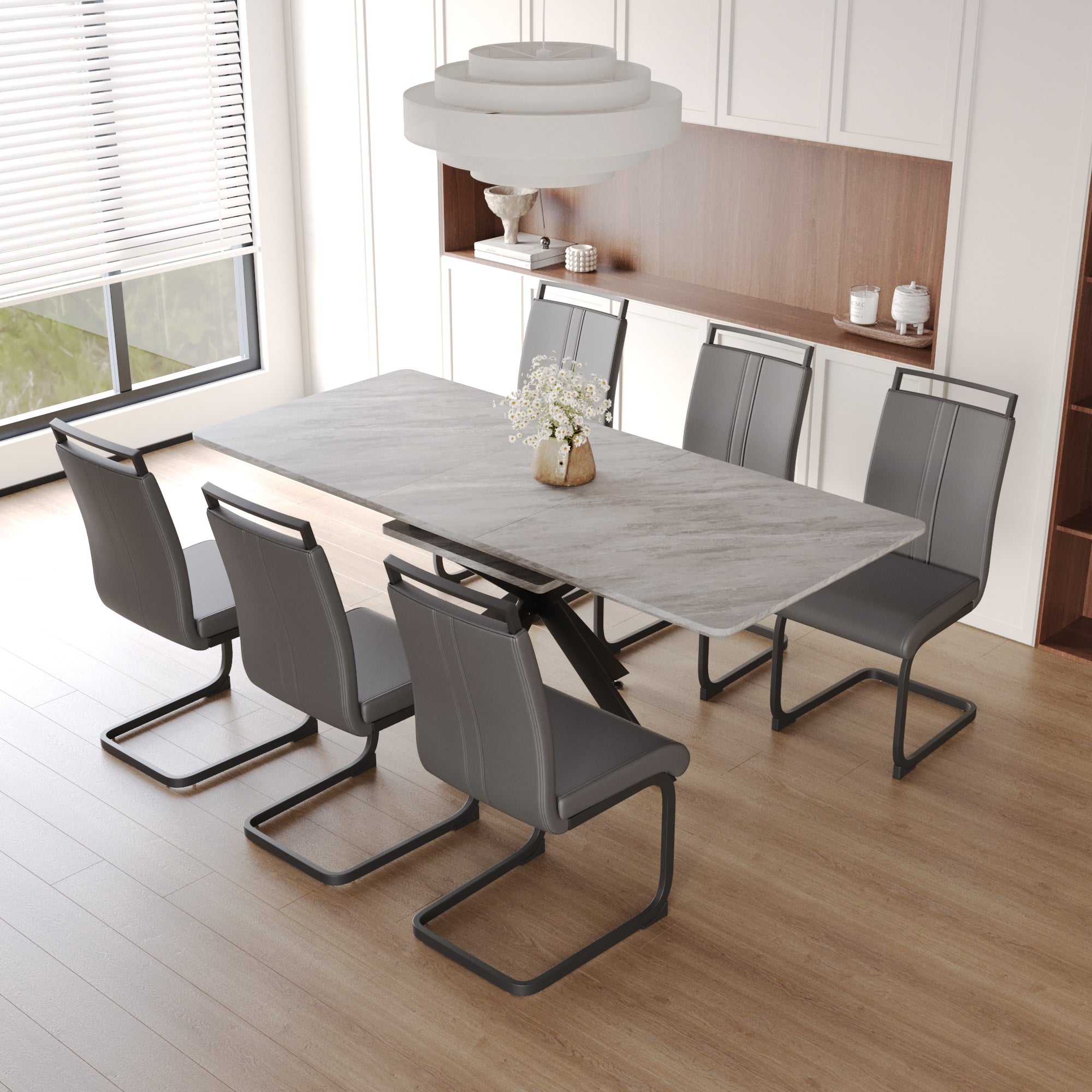 Scalable Dining Table Table Set For 6 8 Person For Dining Room,C Shaped Tube Soft Padded Armless Dining Chairs And Very Large Dining Room Table Kitchen Table Chair Set With Metal Legs Grey Mdf Metal