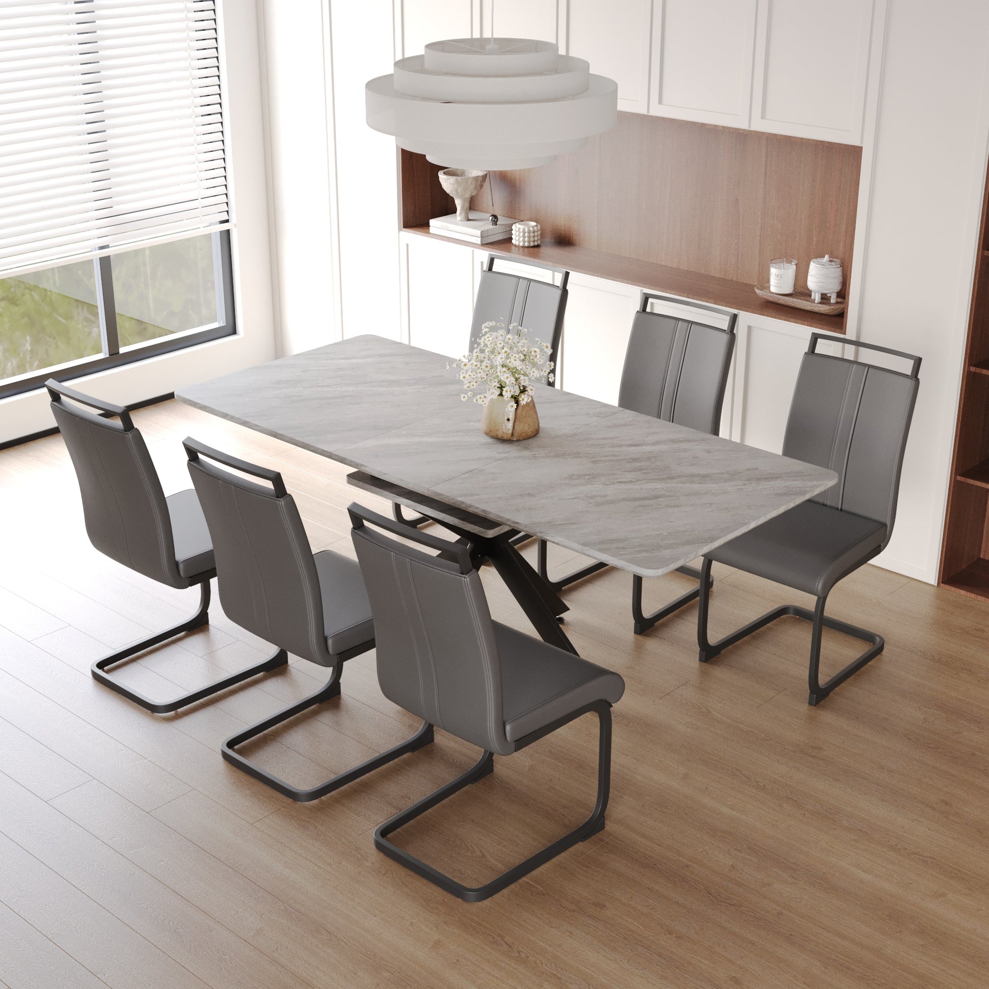 Scalable Dining Table Table Set For 6 8 Person For Dining Room,C Shaped Tube Soft Padded Armless Dining Chairs And Very Large Dining Room Table Kitchen Table Chair Set With Metal Legs Grey Mdf Metal