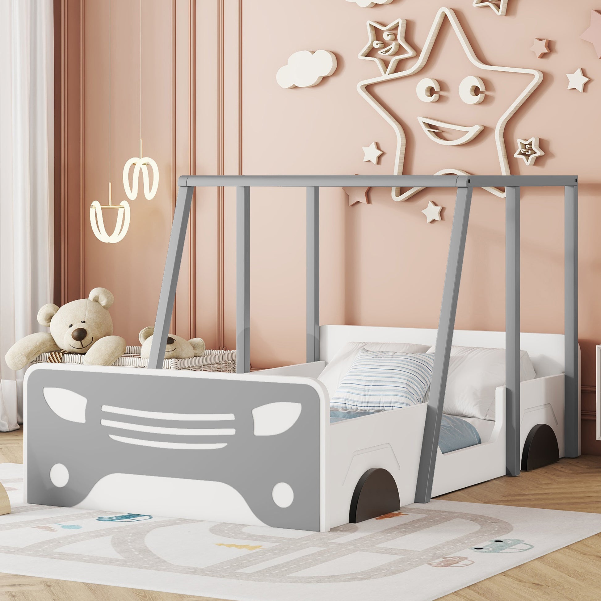 Twin Size Car Shaped Bed With Roof,Wooden Twin Floor Bed With Wheels And Door Design,Montessori Inspired Bedroom,Grey Twin Grey American Design Pine