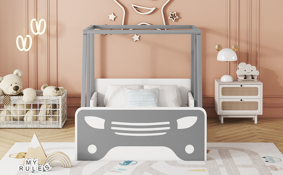 Twin Size Car Shaped Bed With Roof,Wooden Twin Floor Bed With Wheels And Door Design,Montessori Inspired Bedroom,Grey Twin Grey American Design Pine