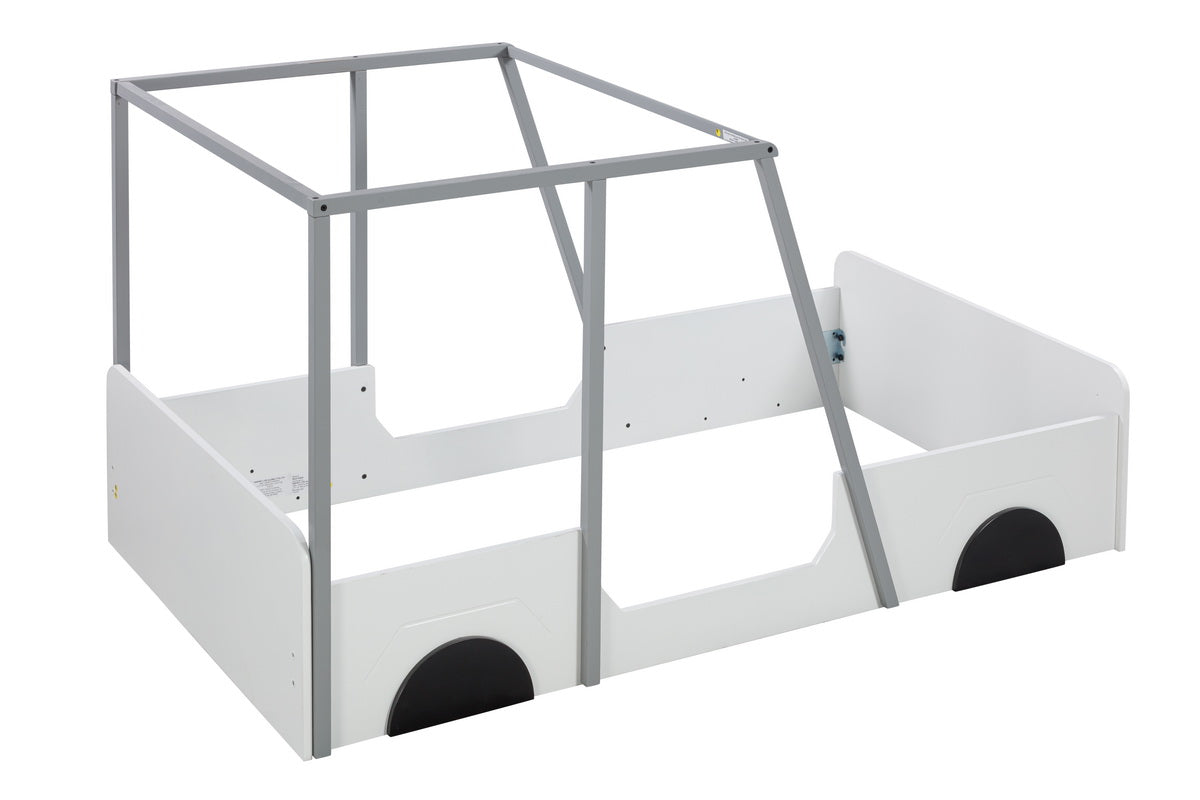 Twin Size Car Shaped Bed With Roof,Wooden Twin Floor Bed With Wheels And Door Design,Montessori Inspired Bedroom,Grey Twin Grey American Design Pine