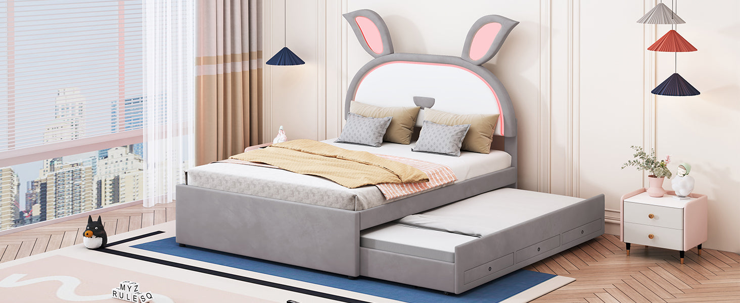 Full Size Upholstered Platform Bed With Trundle And 3 Drawers, Rabbit Shaped Headboard With Embedded Led Lights, Gray Gray Velvet