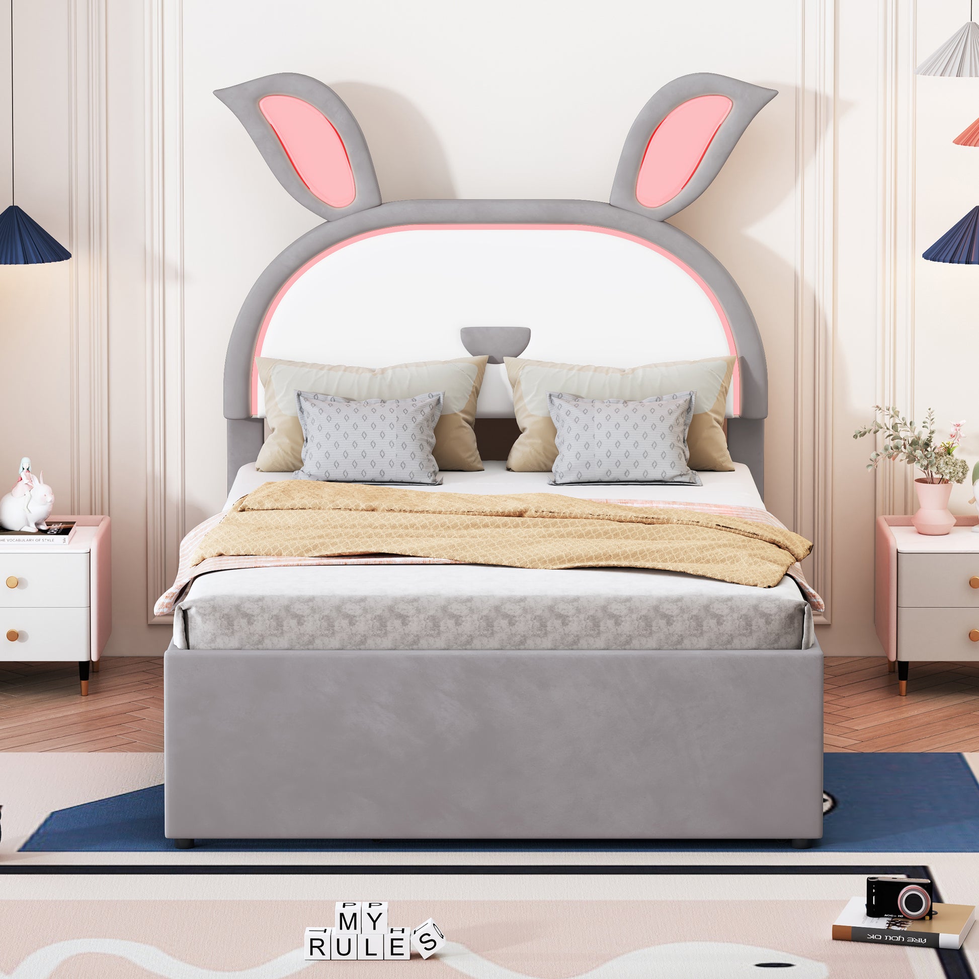 Full Size Upholstered Platform Bed With Trundle And 3 Drawers, Rabbit Shaped Headboard With Embedded Led Lights, Gray Gray Velvet