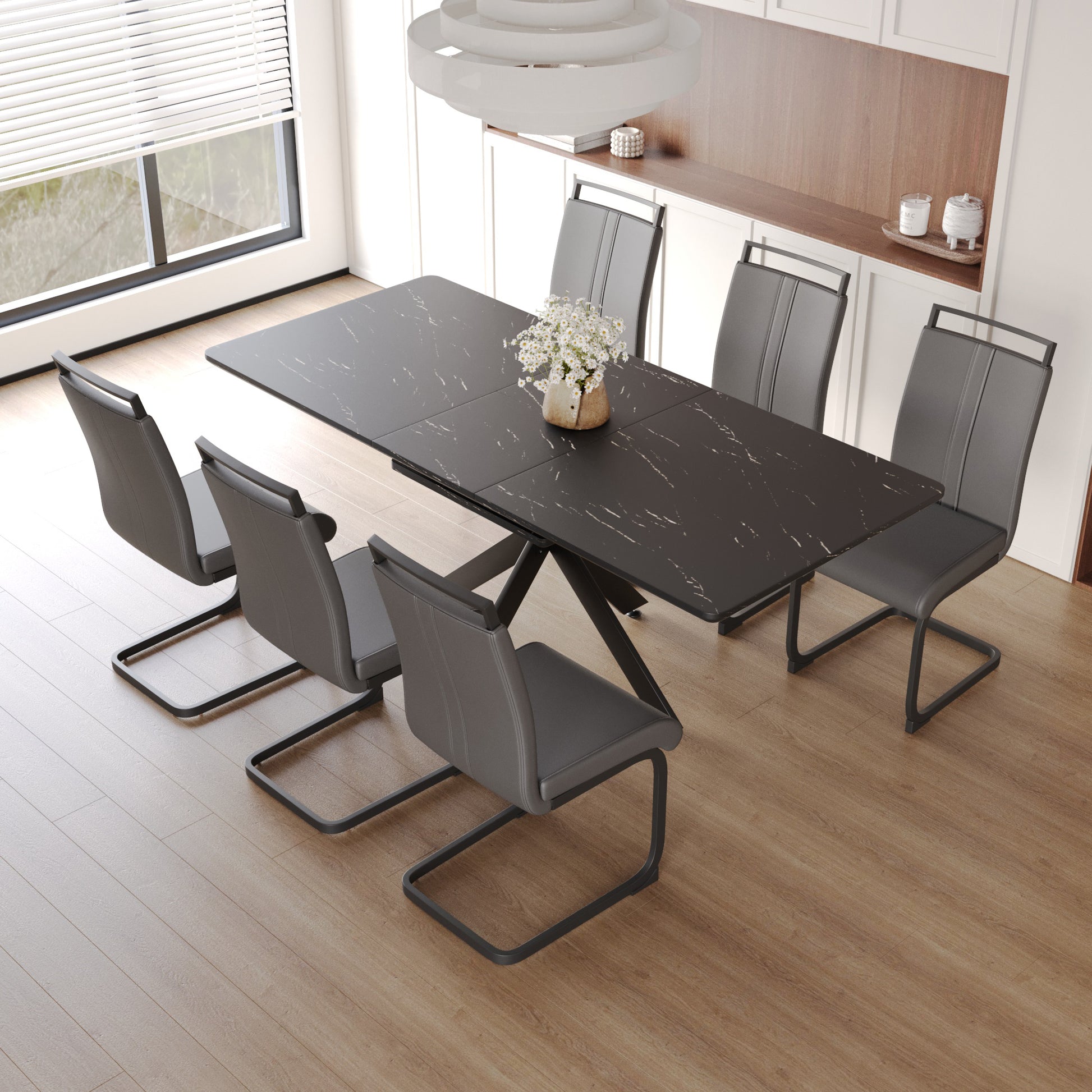 Extendable Dining Table Table Set For 6 8 Person For Dining Room,C Shaped Tube Soft Padded Armless Dining Chairs And Very Large Dining Room Table Kitchen Table Chair Set With Metal Legs Black Gray Mdf Metal